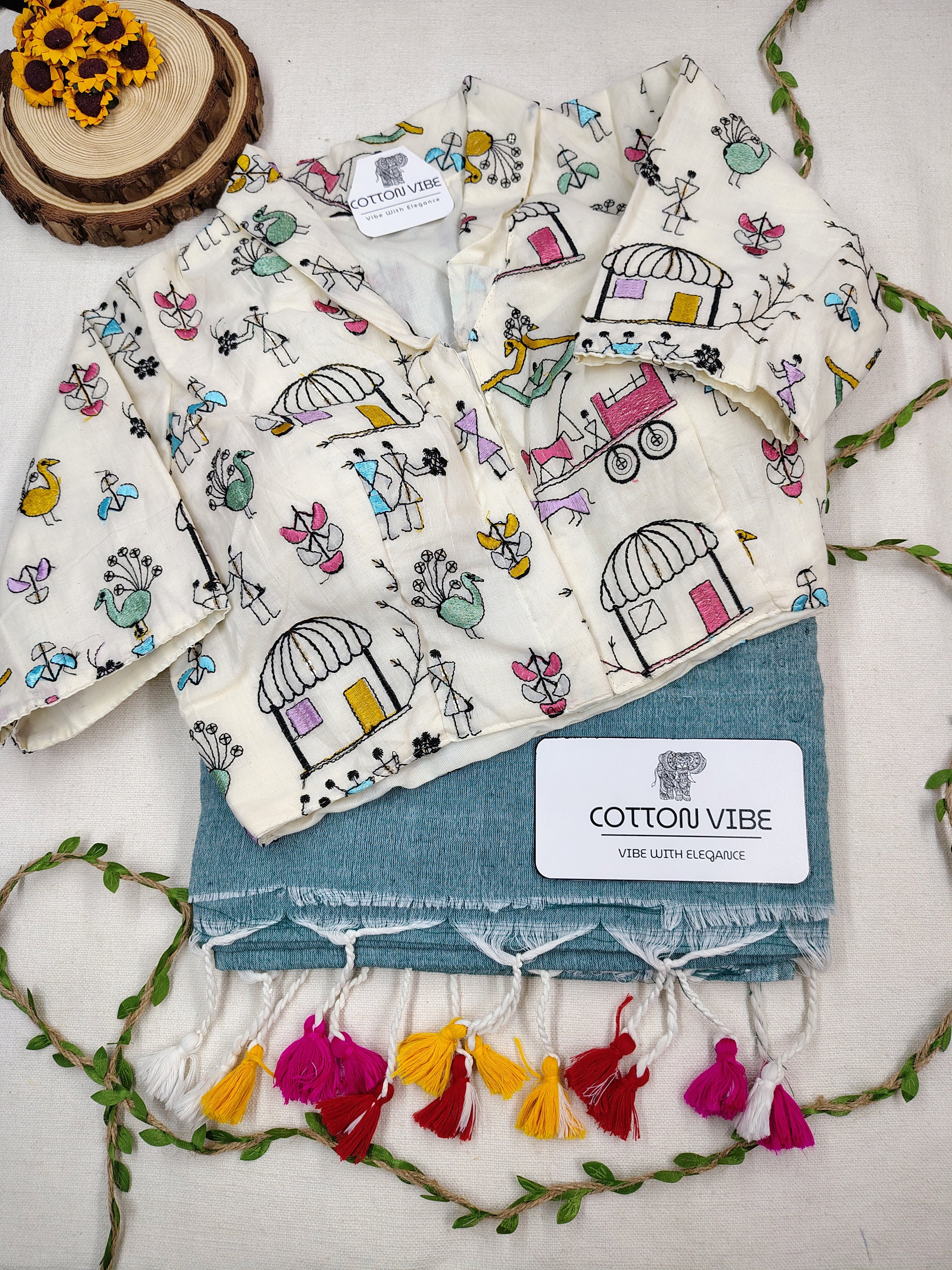 Teal Green Cotton Khadi Saree With Embrodery Work Redy Made Blouse