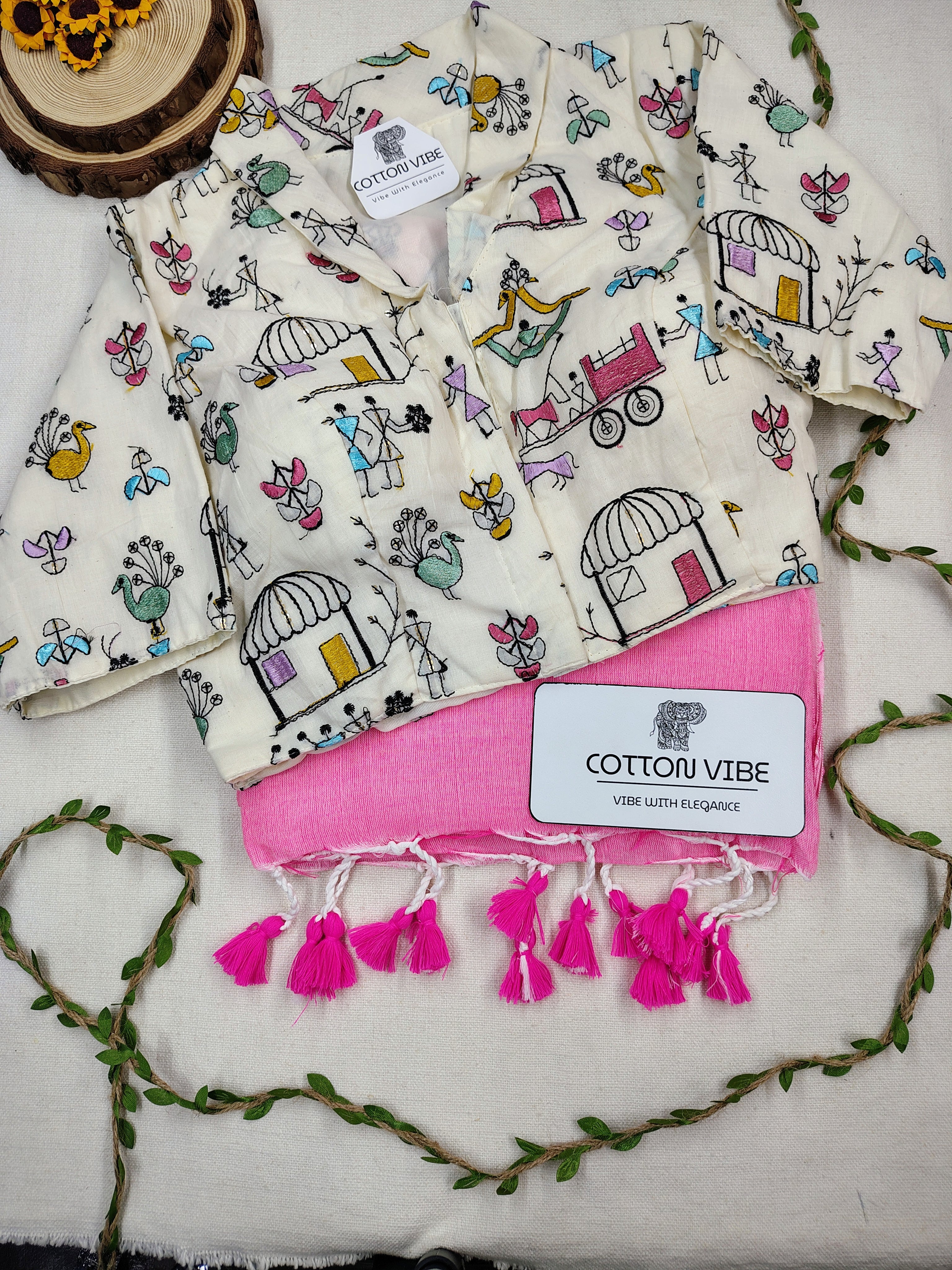 Baby Pink Cotton Khadi Saree With Embrodery Work Redy Made Blouse