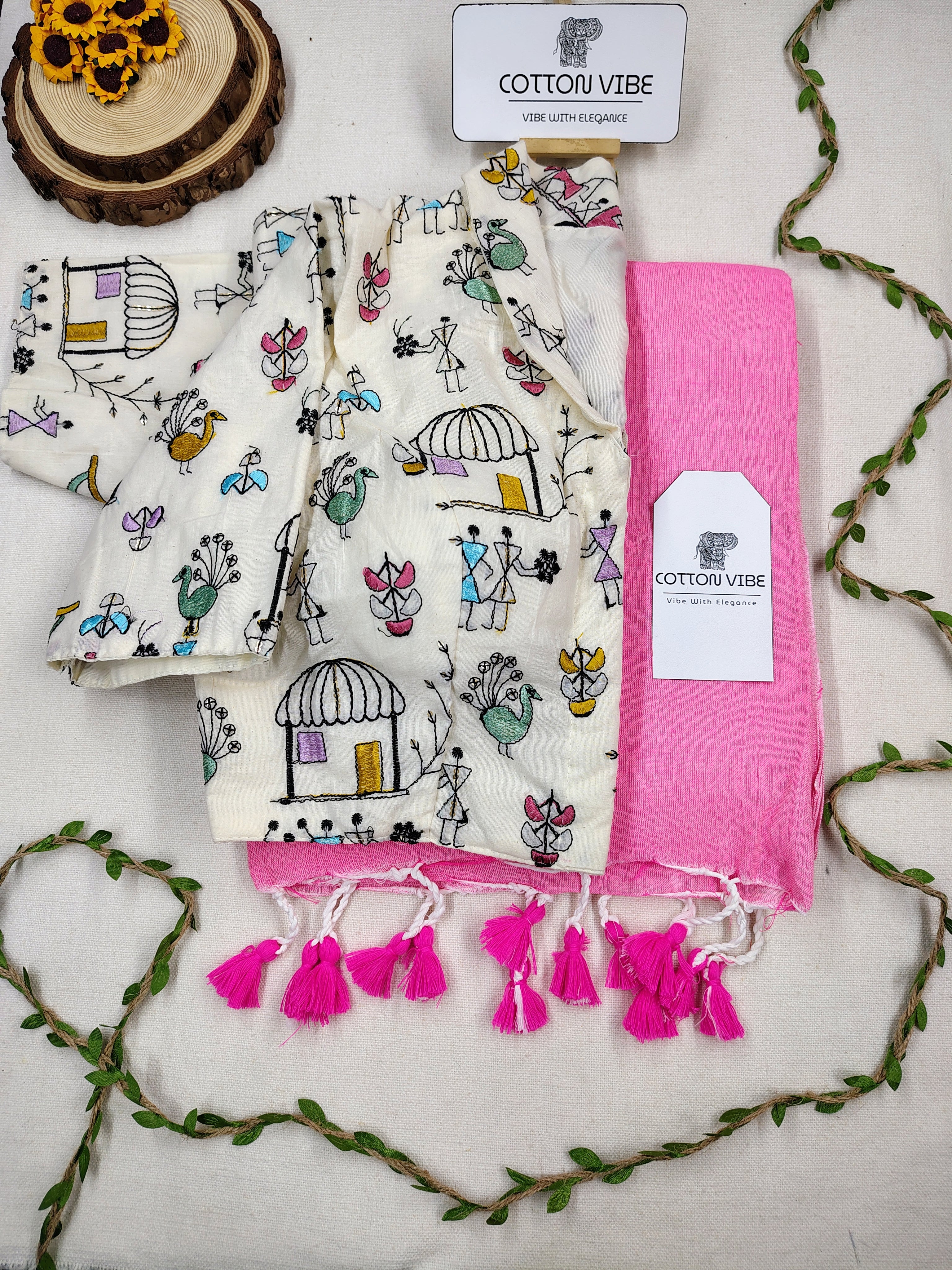 Baby Pink Cotton Khadi Saree With Embrodery Work Redy Made Blouse