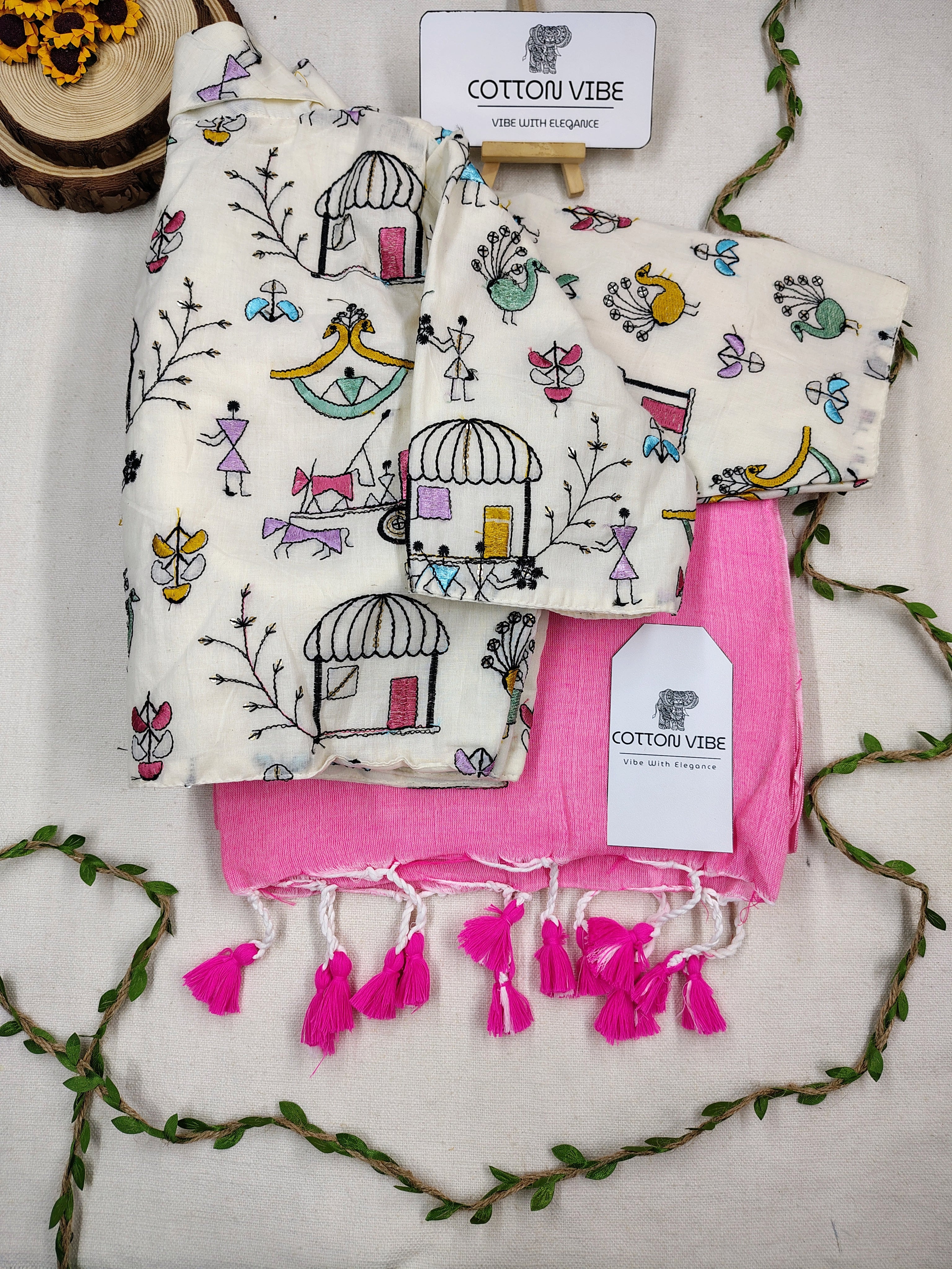 Baby Pink Cotton Khadi Saree With Embrodery Work Redy Made Blouse