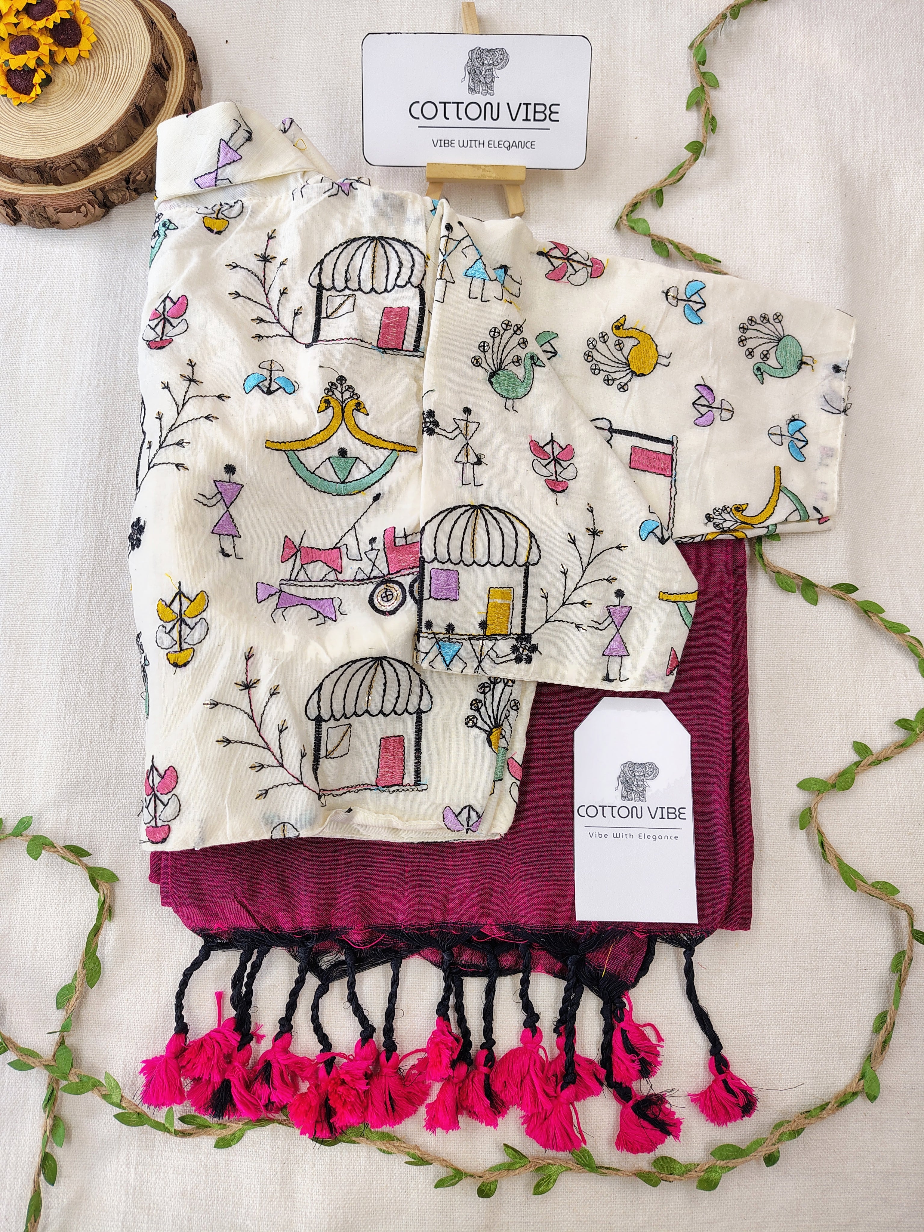 Magenta Cotton Khadi Saree With Embrodery Work Redy Made Blouse