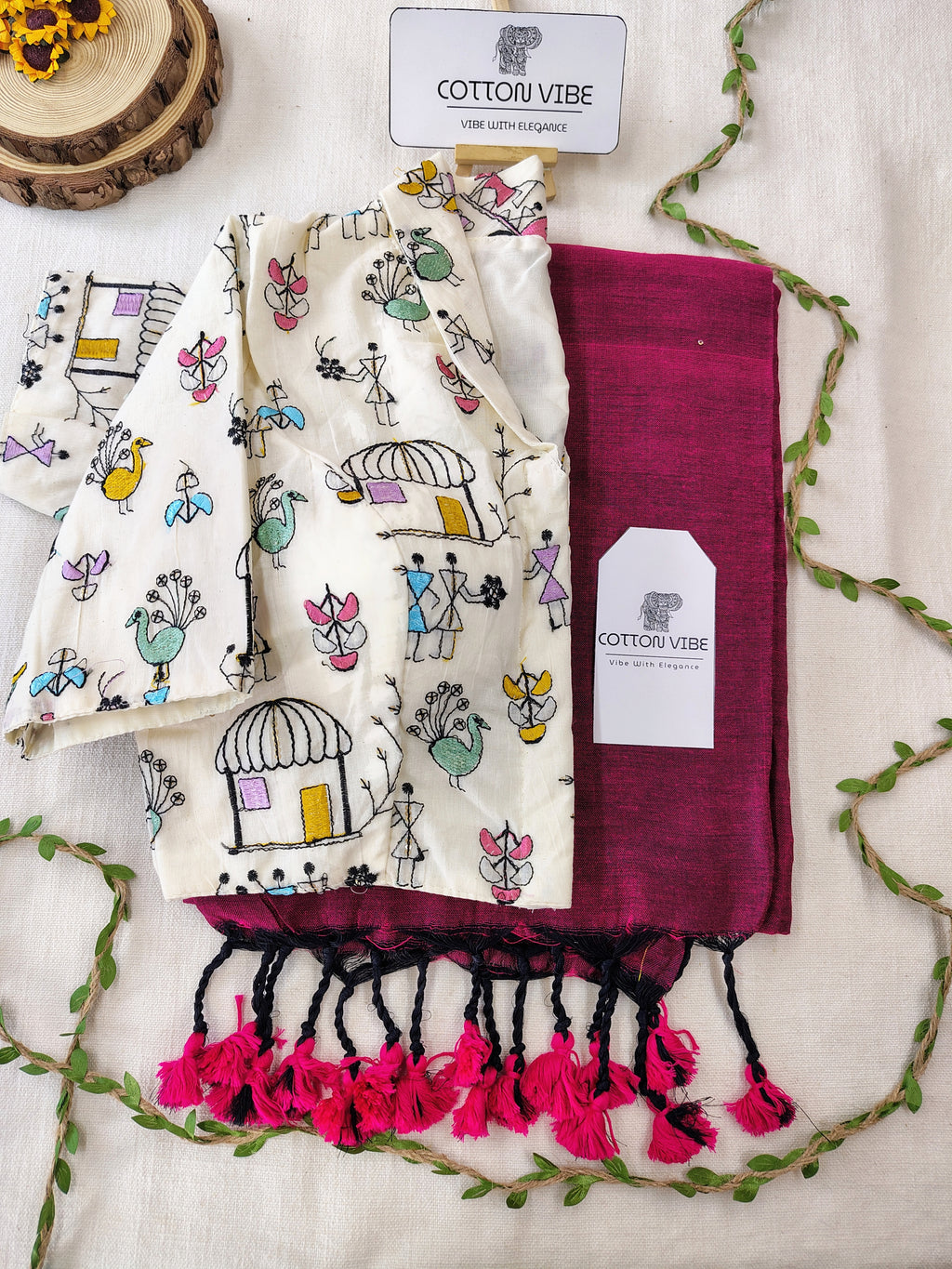 Magenta Cotton Khadi Saree With Embrodery Work Redy Made Blouse