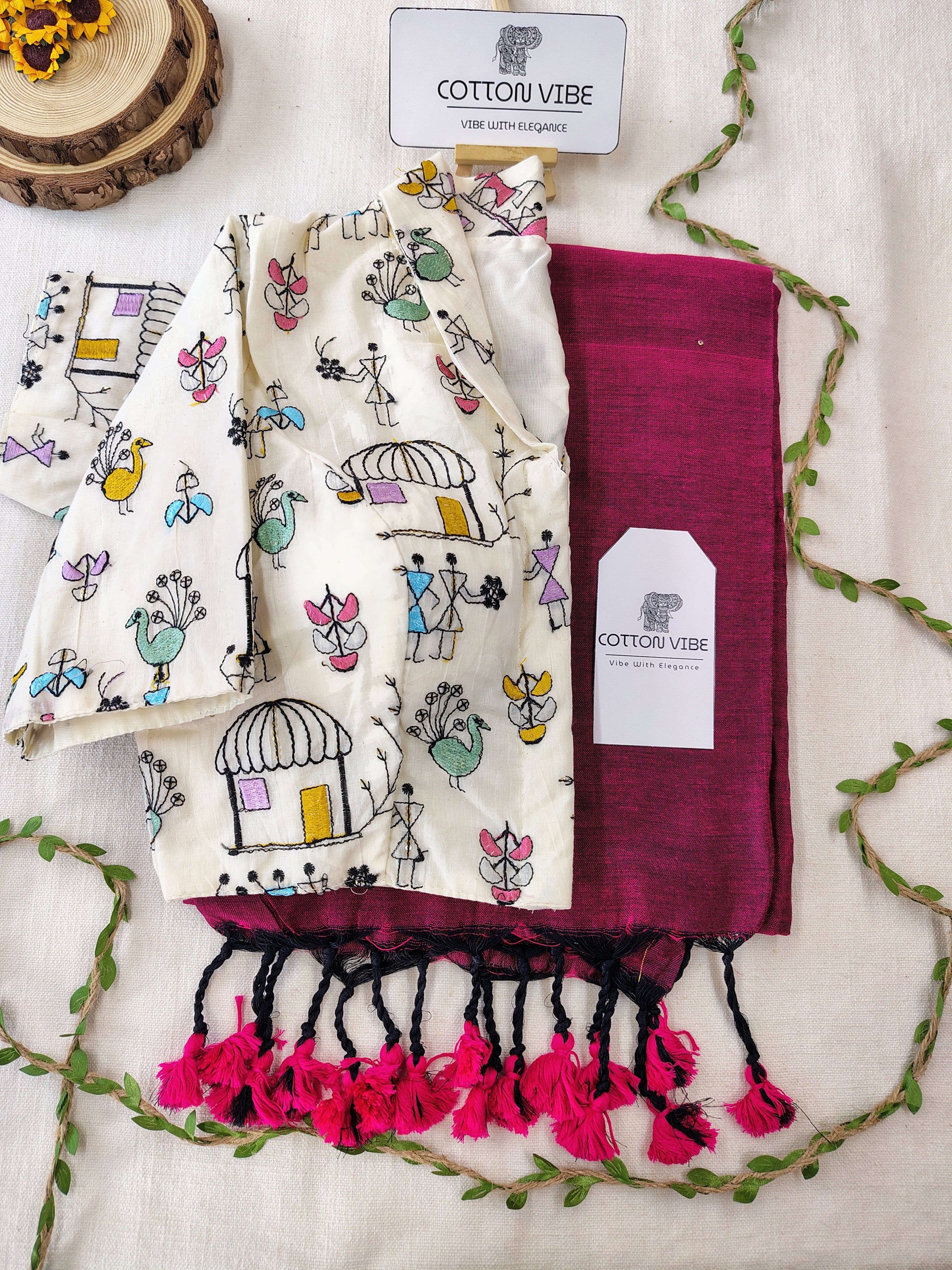 Magenta Cotton Khadi Saree With Embrodery Work Redy Made Blouse