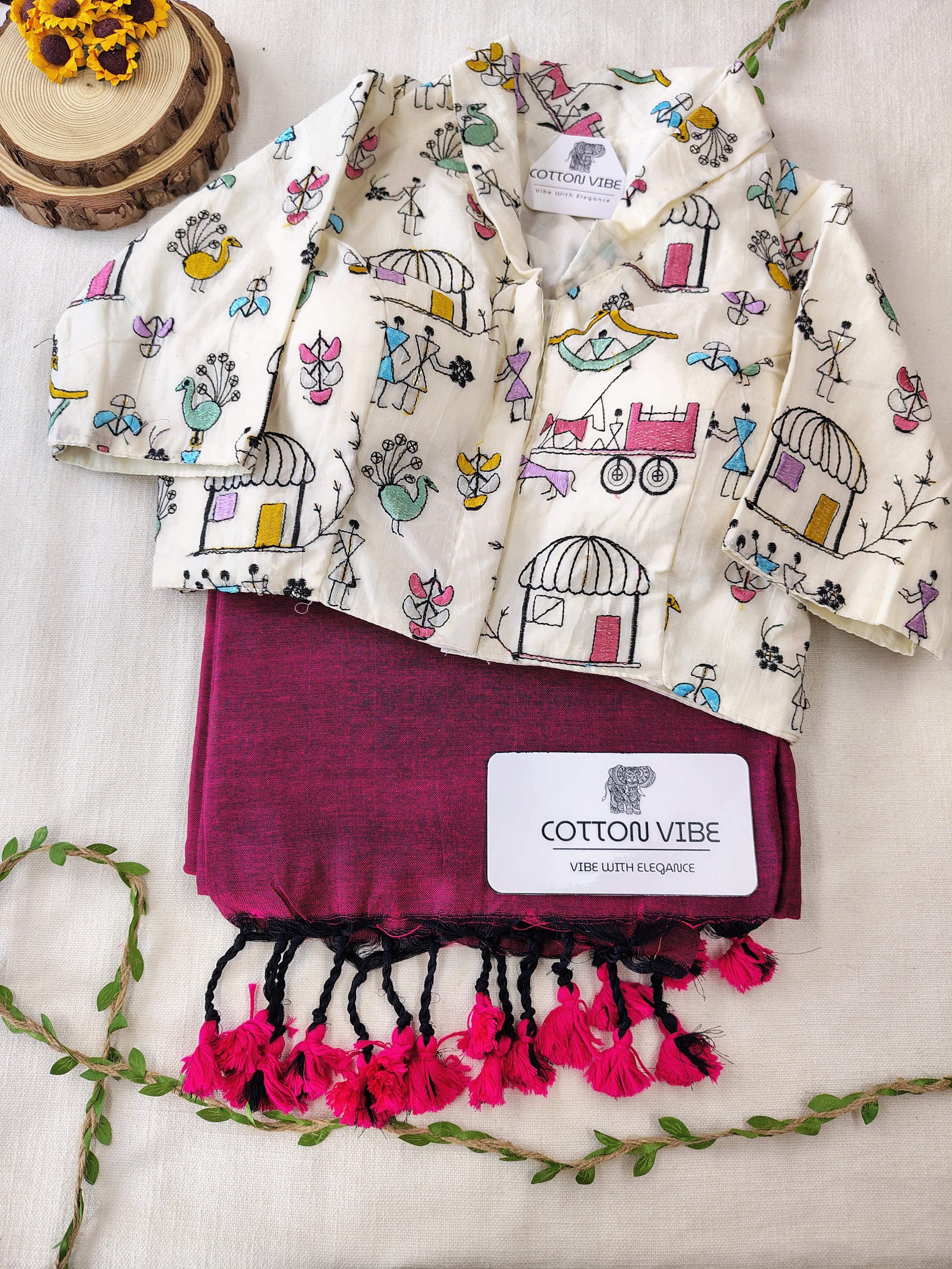 Magenta Cotton Khadi Saree With Embrodery Work Redy Made Blouse