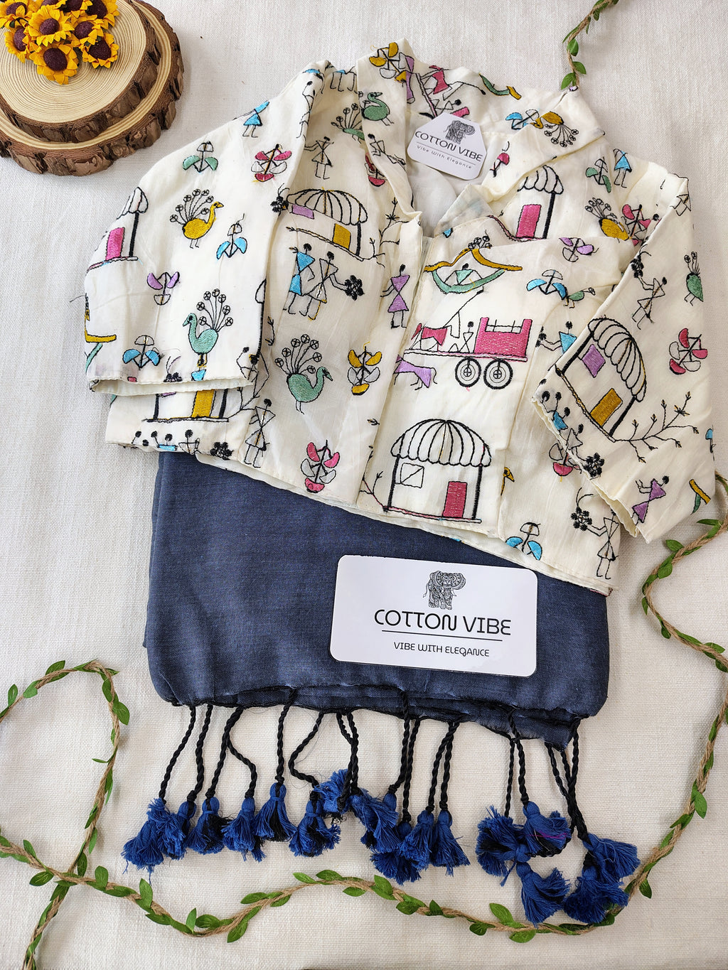 Teal Blue Cotton Khadi Saree With Embrodery Work Redy Made Blouse