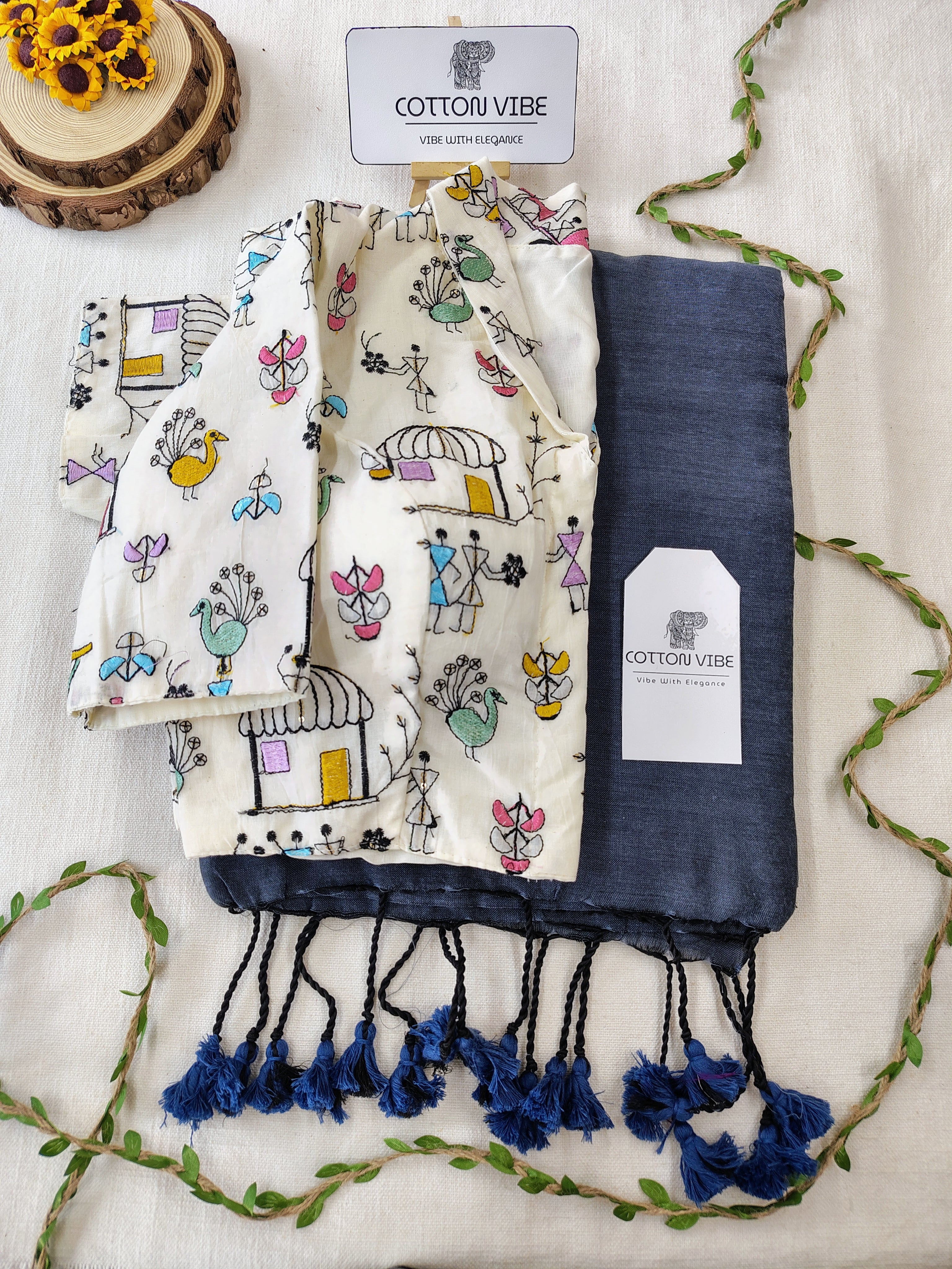 Teal Blue Cotton Khadi Saree With Embrodery Work Redy Made Blouse