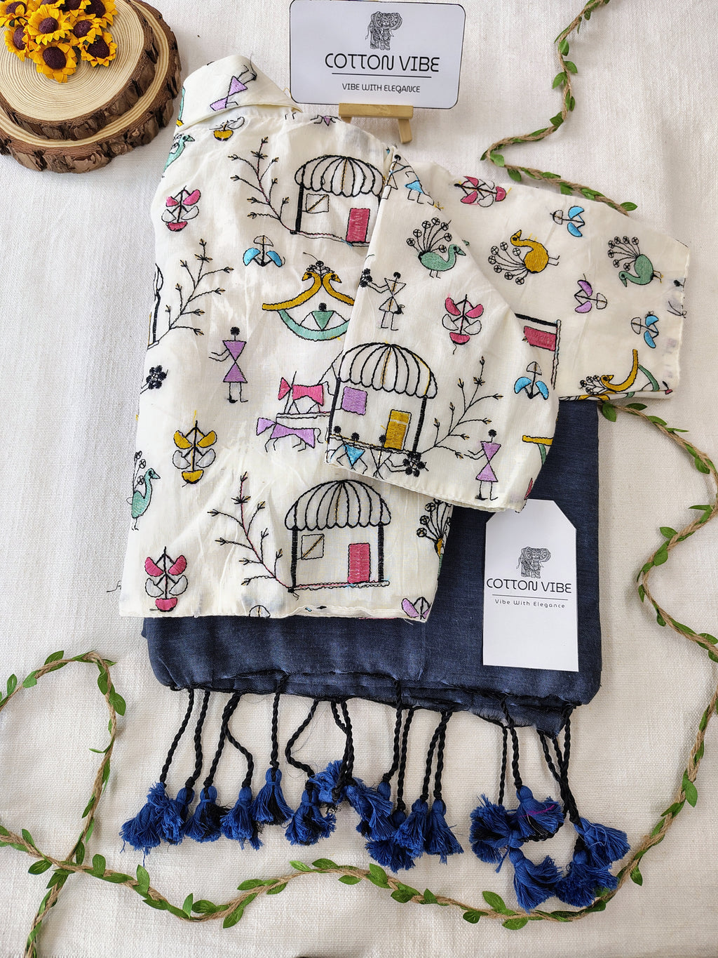 Teal Blue Cotton Khadi Saree With Embrodery Work Redy Made Blouse