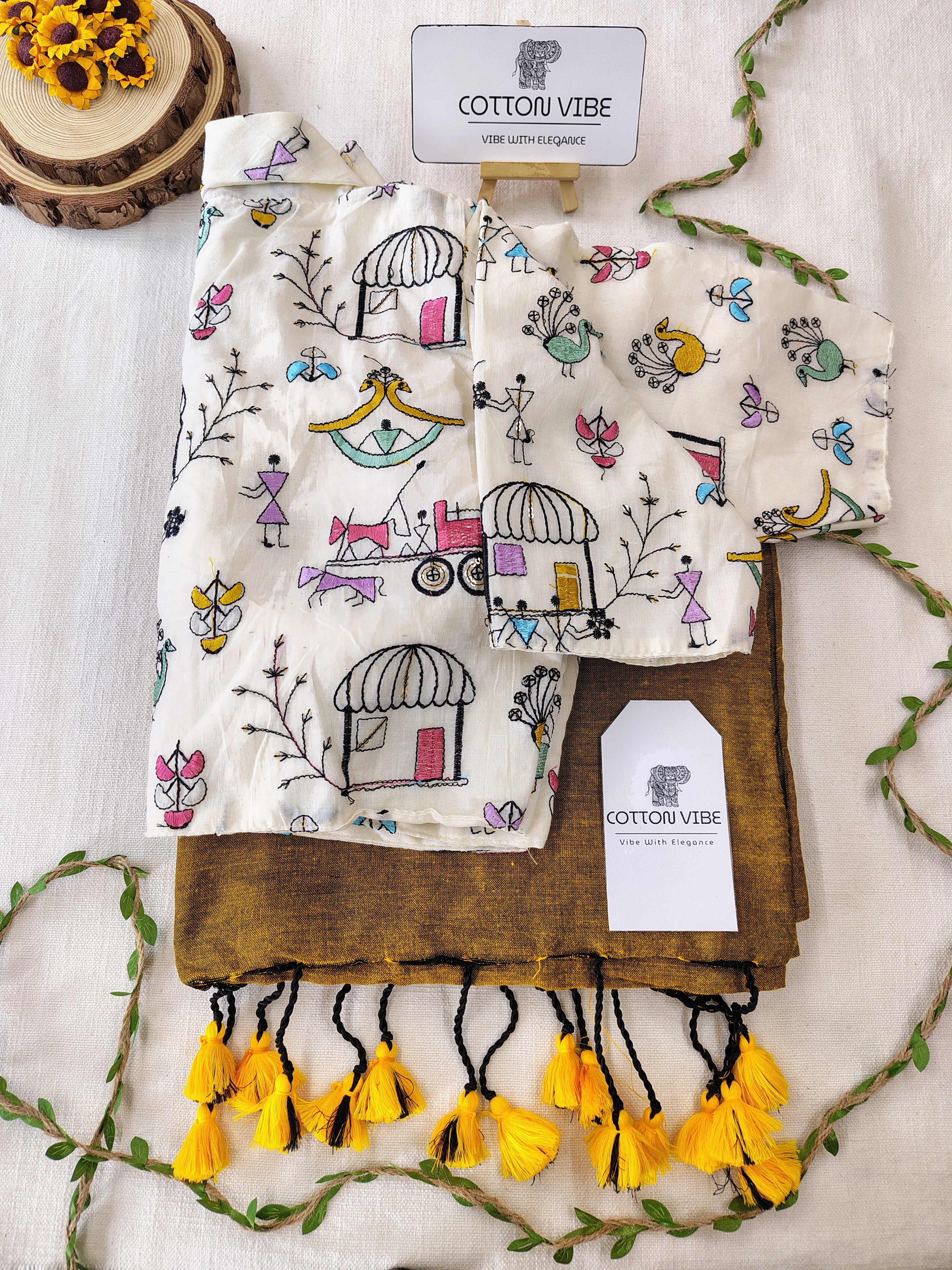 Milkey Chocolaty Cotton Khadi Saree With Embrodery Work Redy Made Blouse