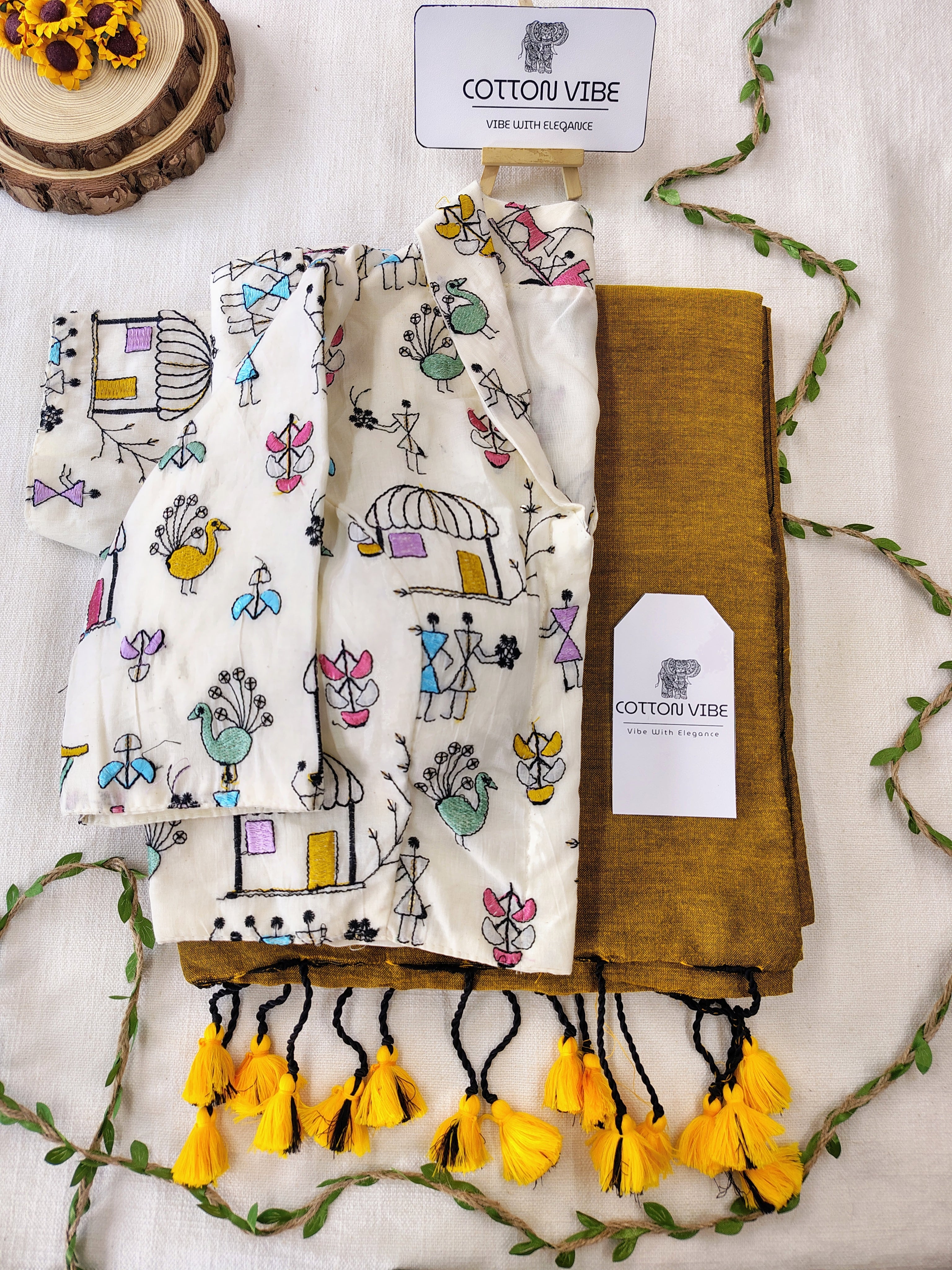 Milkey Chocolaty Cotton Khadi Saree With Embrodery Work Redy Made Blouse