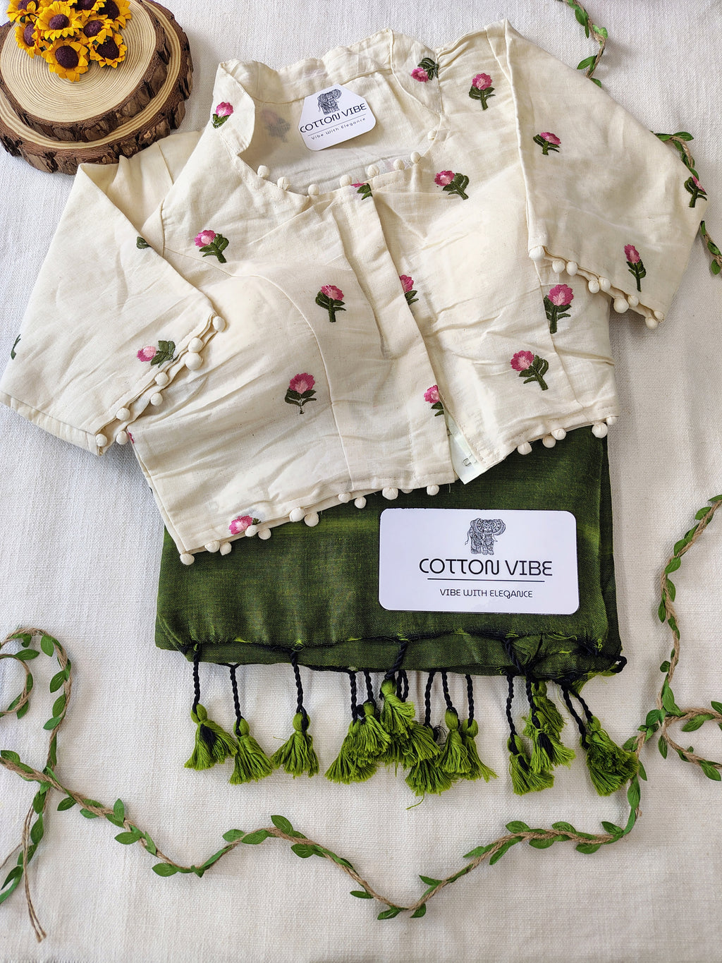 Green Cotton Khadi Saree With Embrodery Work Redy Made Blouse