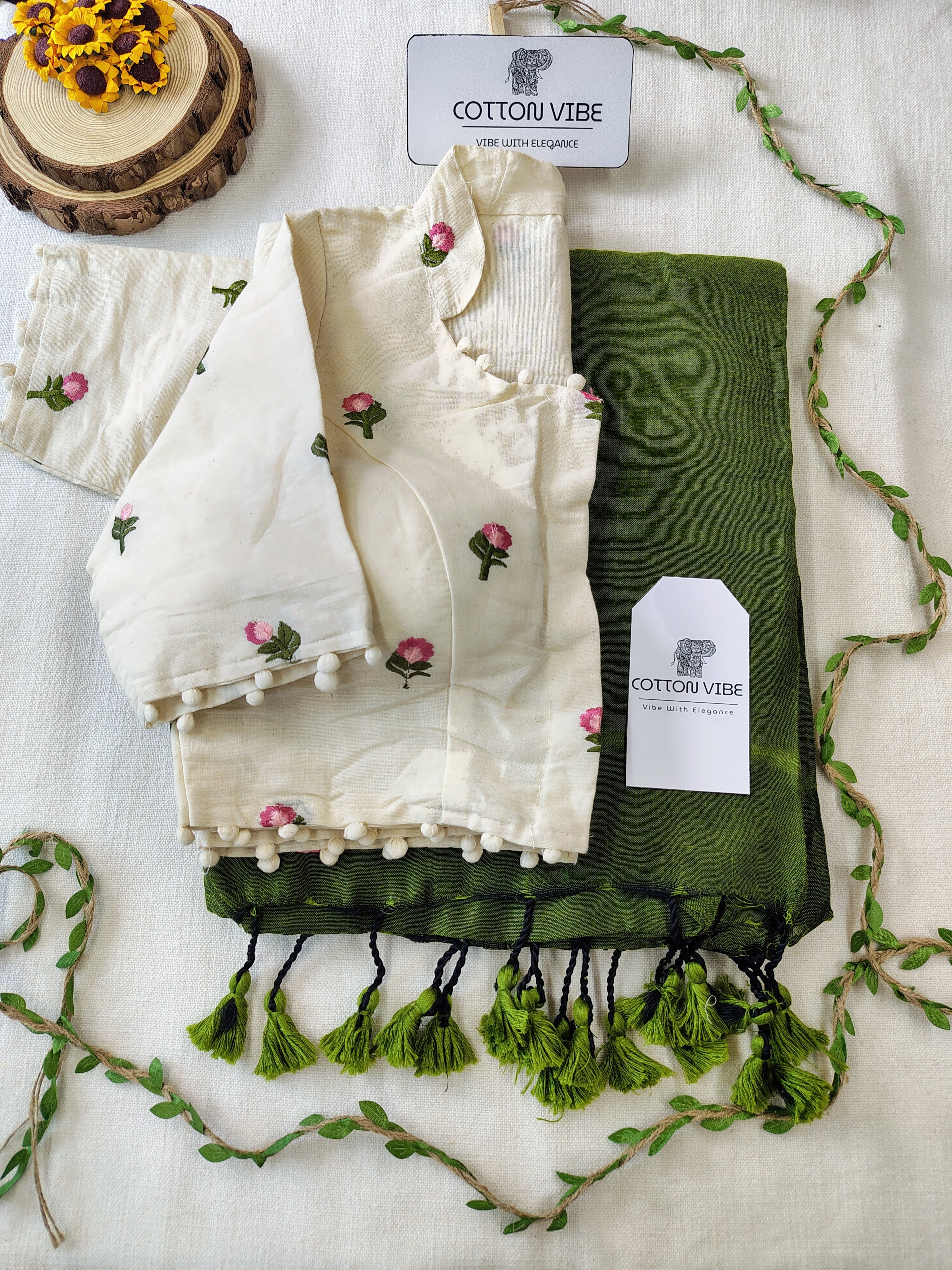 Green Cotton Khadi Saree With Embrodery Work Redy Made Blouse