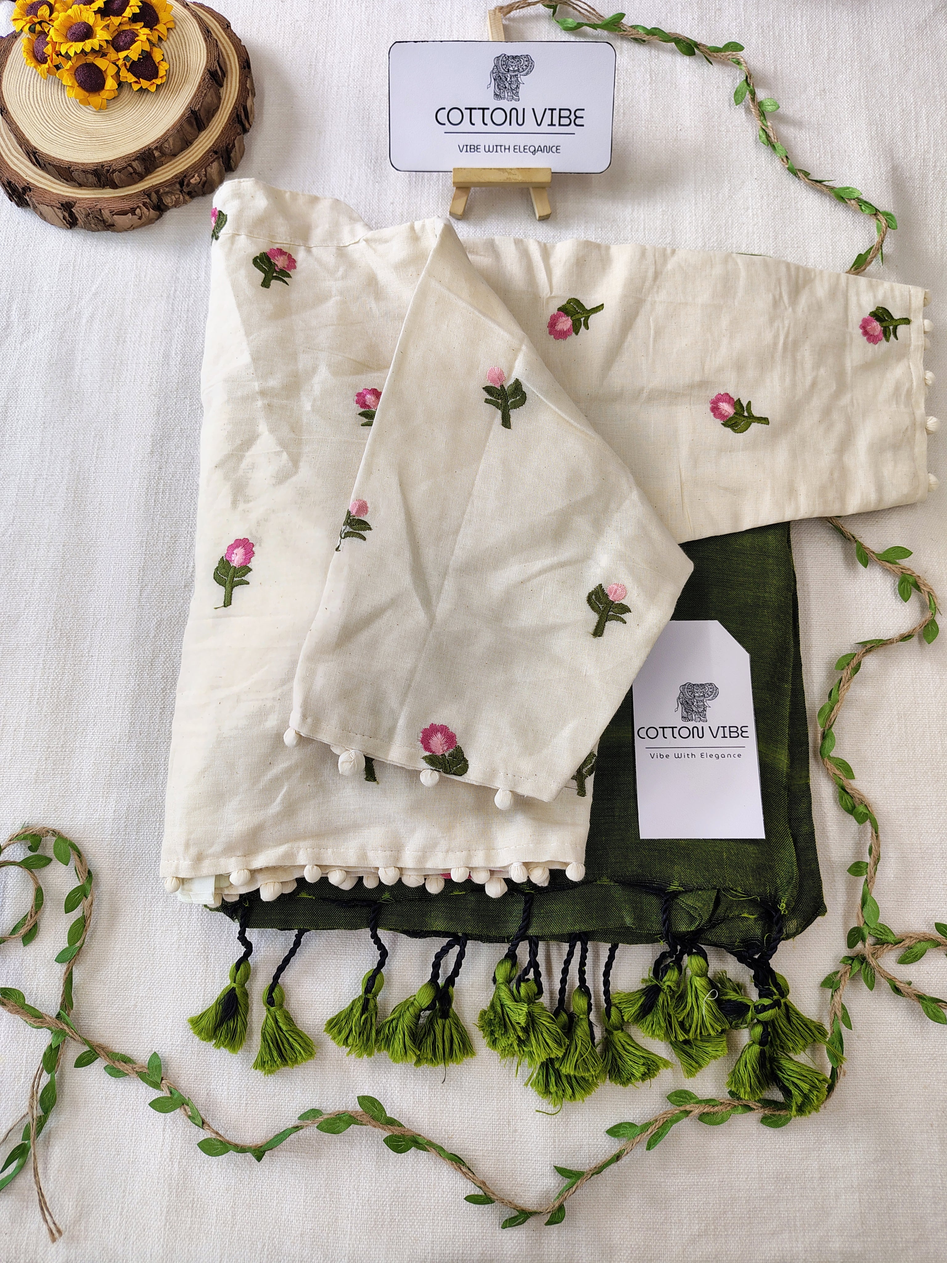 Green Cotton Khadi Saree With Embrodery Work Redy Made Blouse