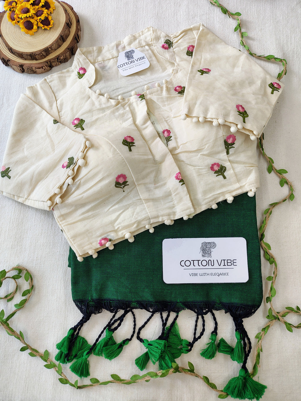 Bottol Green Cotton Khadi Saree With Embrodery Work Redy Made Blouse