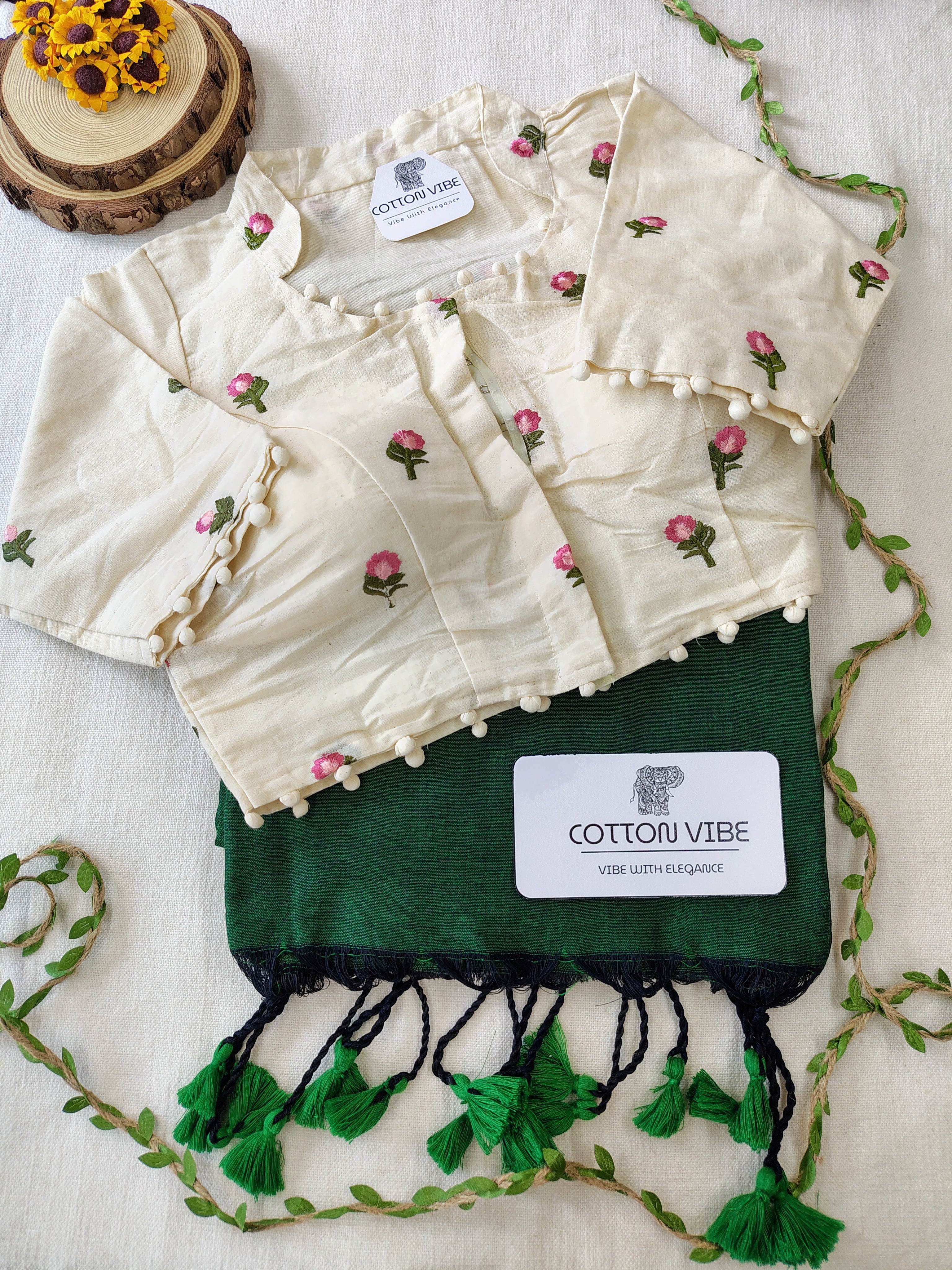 Bottol Green Cotton Khadi Saree With Embrodery Work Redy Made Blouse