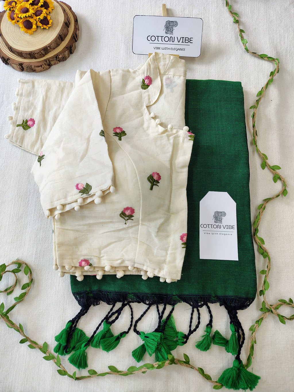 Bottol Green Cotton Khadi Saree With Embrodery Work Redy Made Blouse