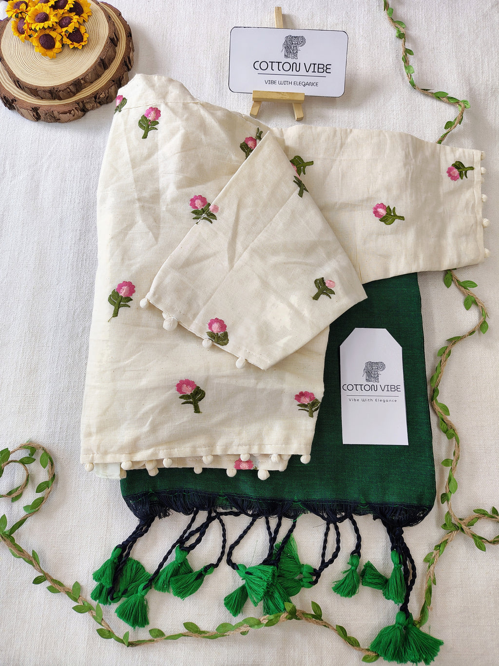 Bottol Green Cotton Khadi Saree With Embrodery Work Redy Made Blouse