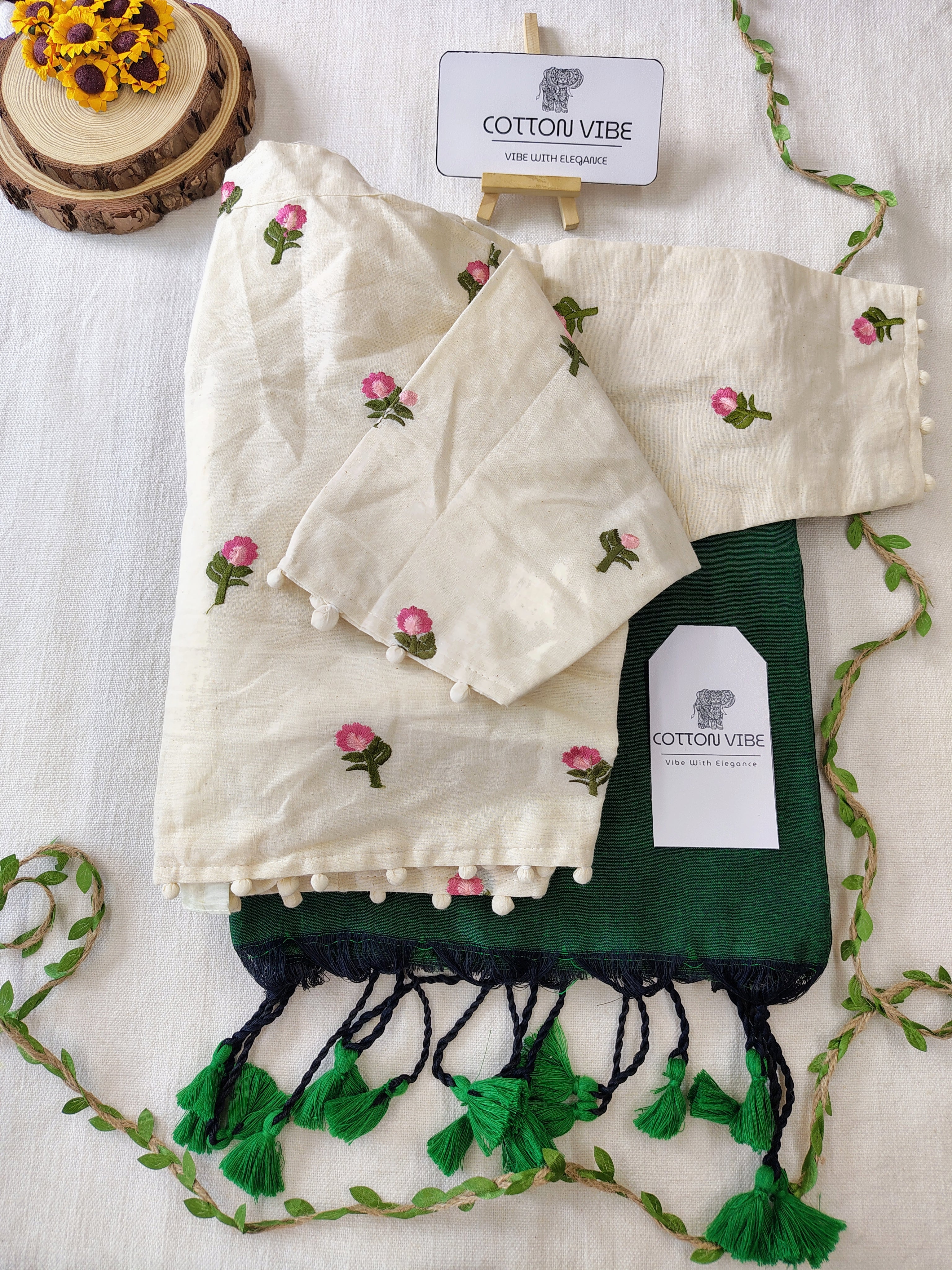 Bottol Green Cotton Khadi Saree With Embrodery Work Redy Made Blouse