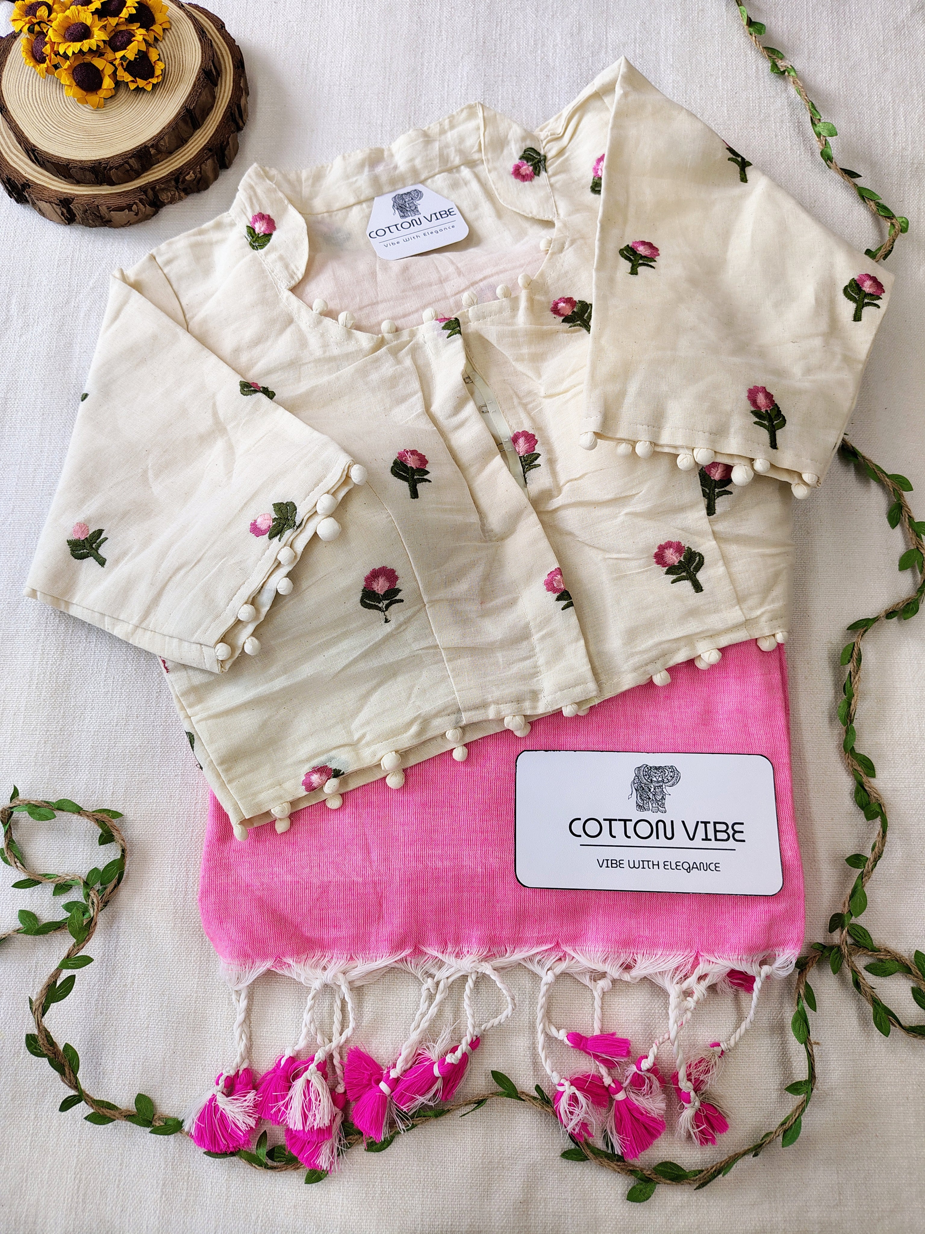 Baby Pink Cotton Khadi Saree With Embrodery Work Redy Made Blouse