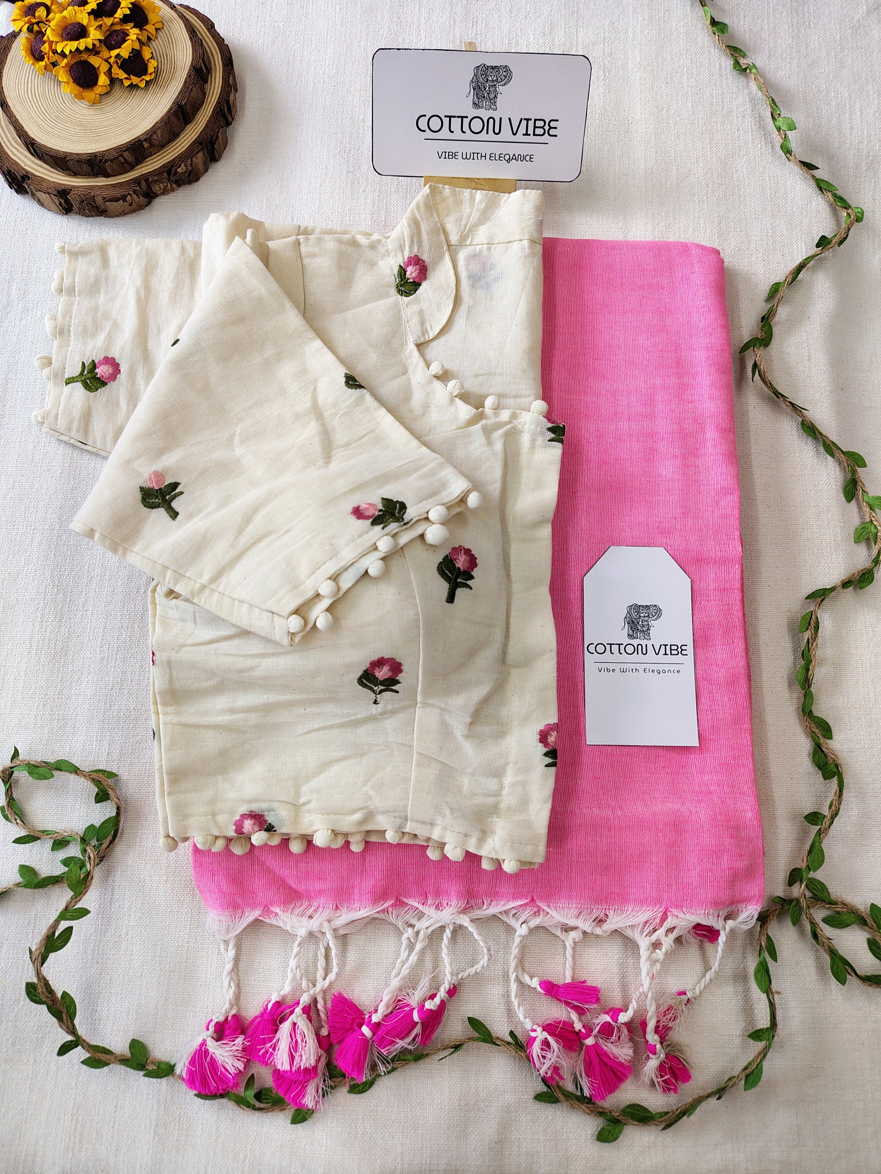 Baby Pink Cotton Khadi Saree With Embrodery Work Redy Made Blouse