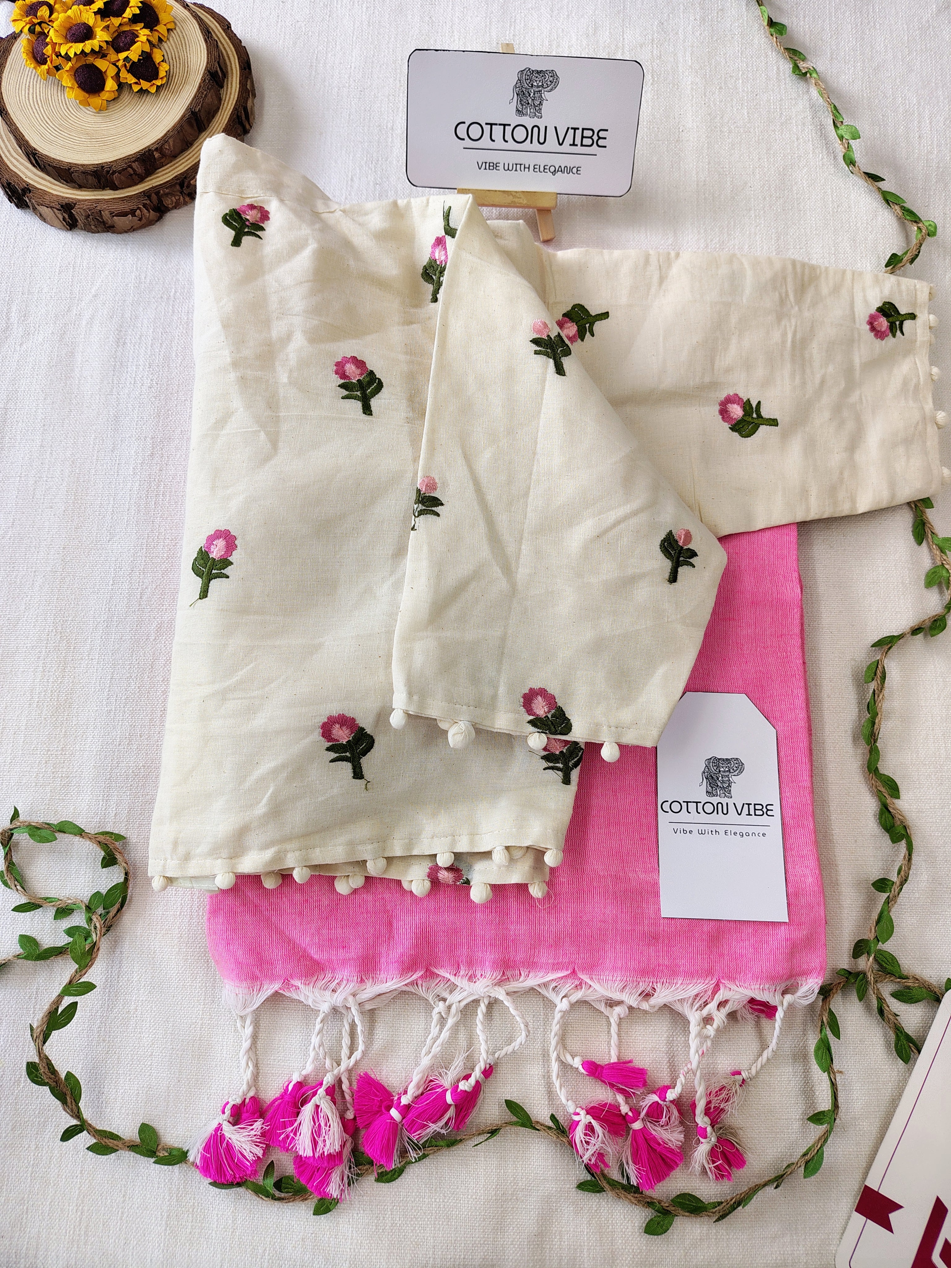 Baby Pink Cotton Khadi Saree With Embrodery Work Redy Made Blouse