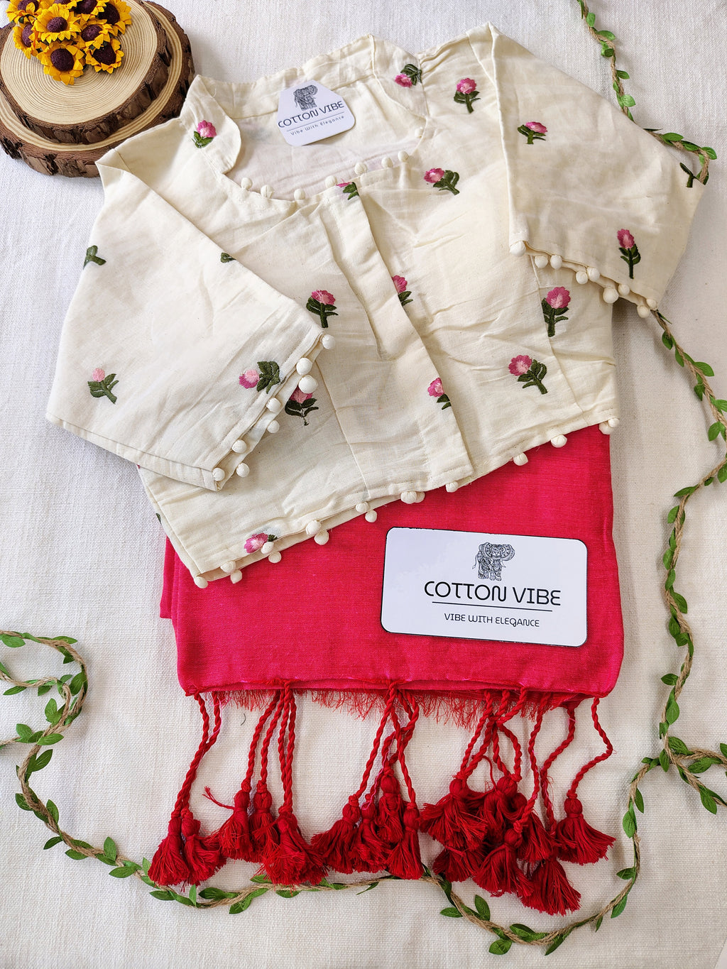 Dark Pink Cotton Khadi Saree With Embrodery Work Redy Made Blouse