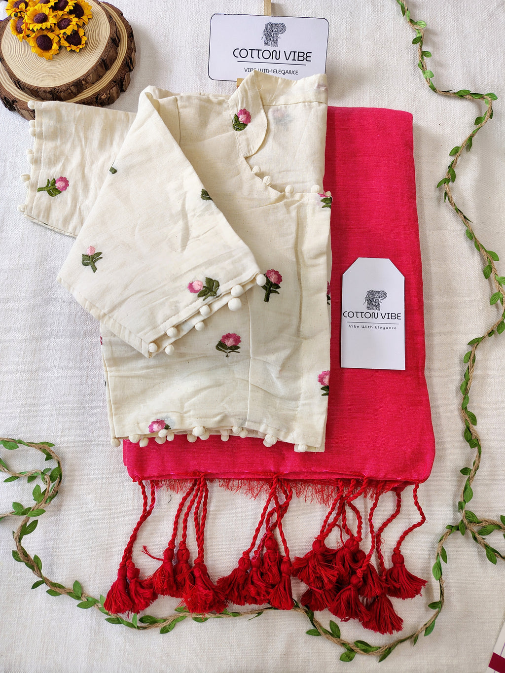 Dark Pink Cotton Khadi Saree With Embrodery Work Redy Made Blouse