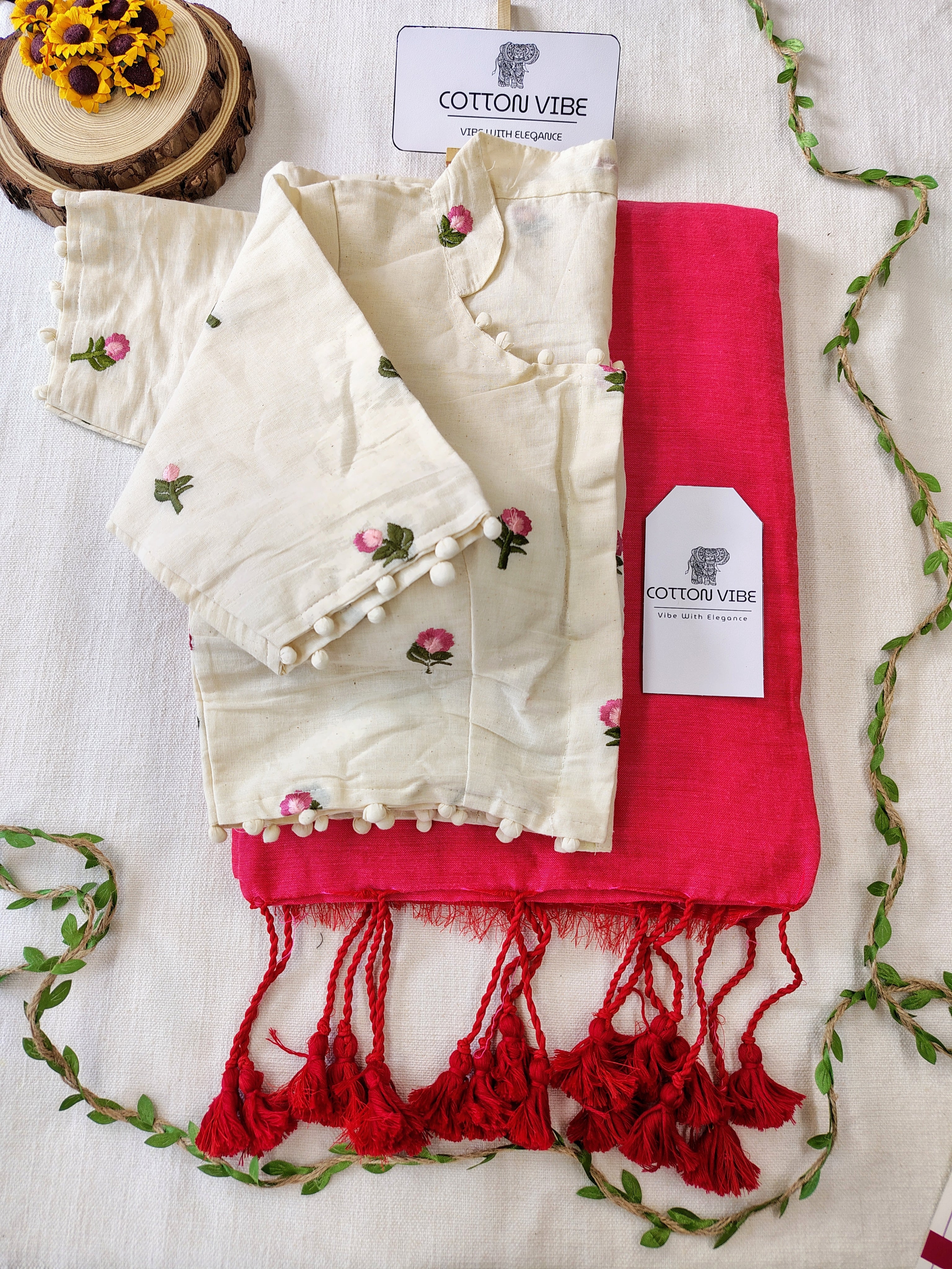 Dark Pink Cotton Khadi Saree With Embrodery Work Redy Made Blouse