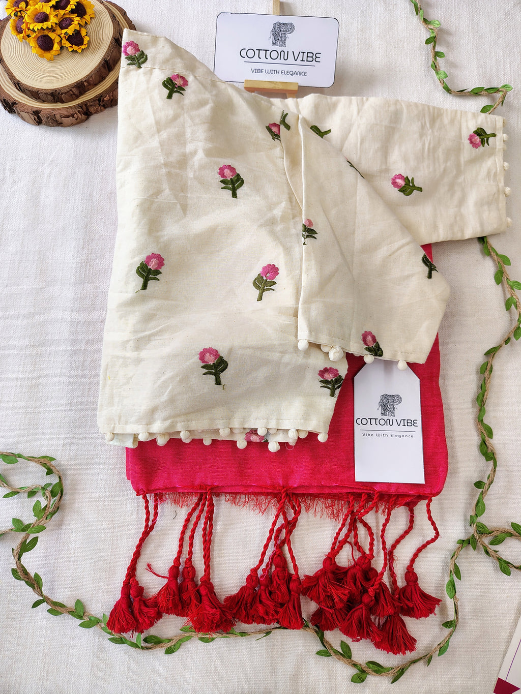 Dark Pink Cotton Khadi Saree With Embrodery Work Redy Made Blouse