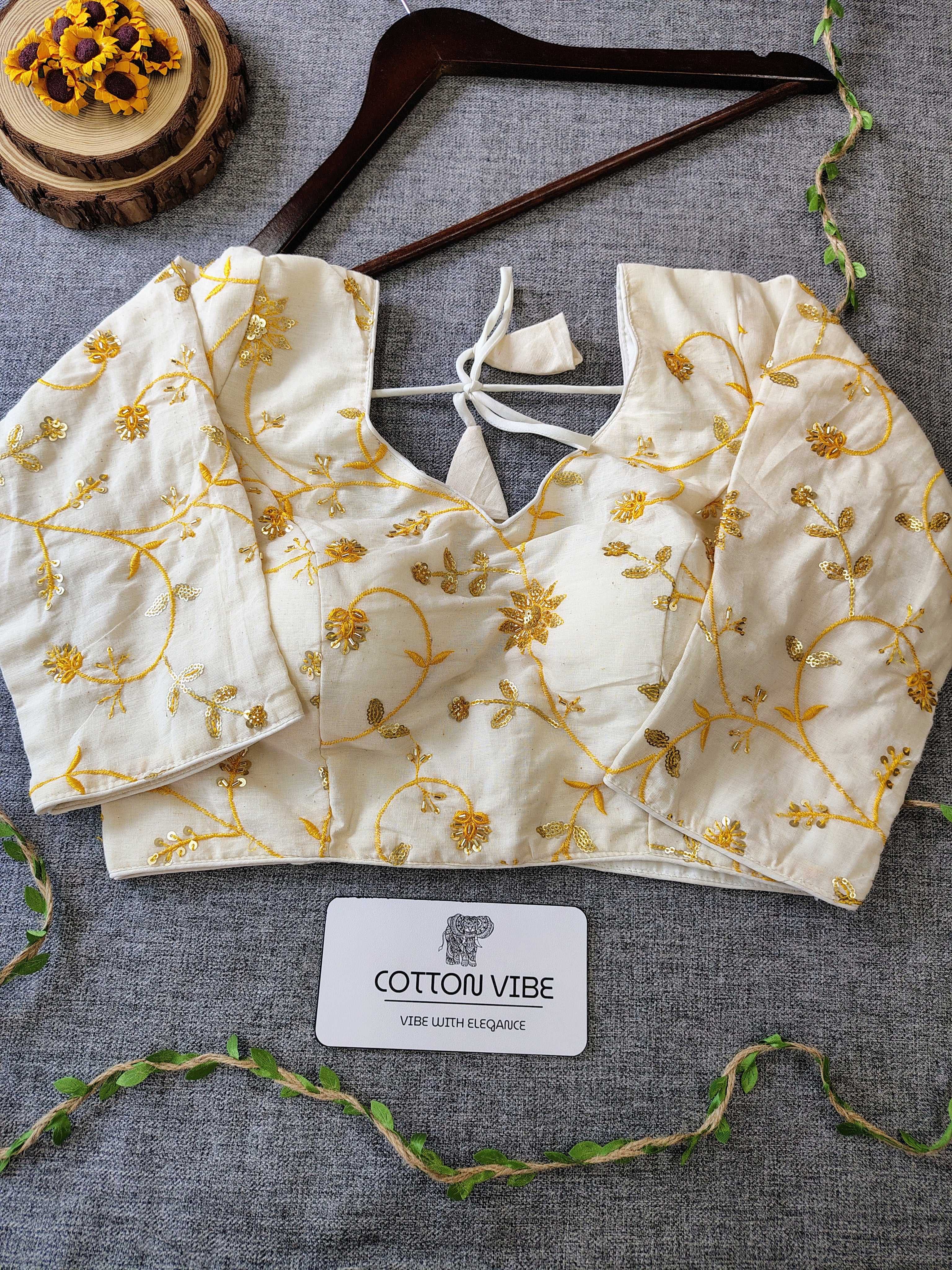 Yellowish Cotton Khadi Saree With Embrodery Work Redy Made Blouse