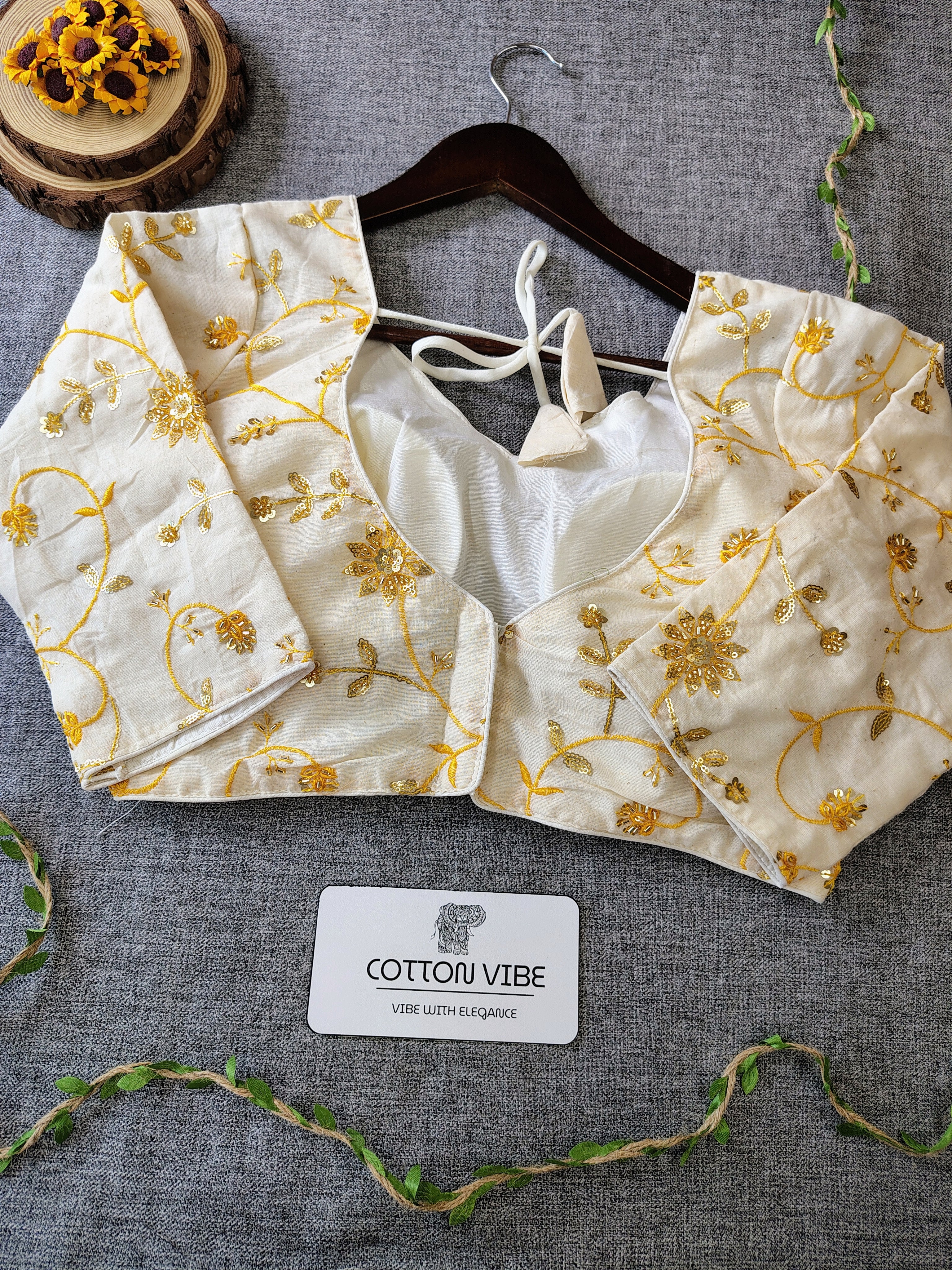 Yellowish Cotton Khadi Saree With Embrodery Work Redy Made Blouse