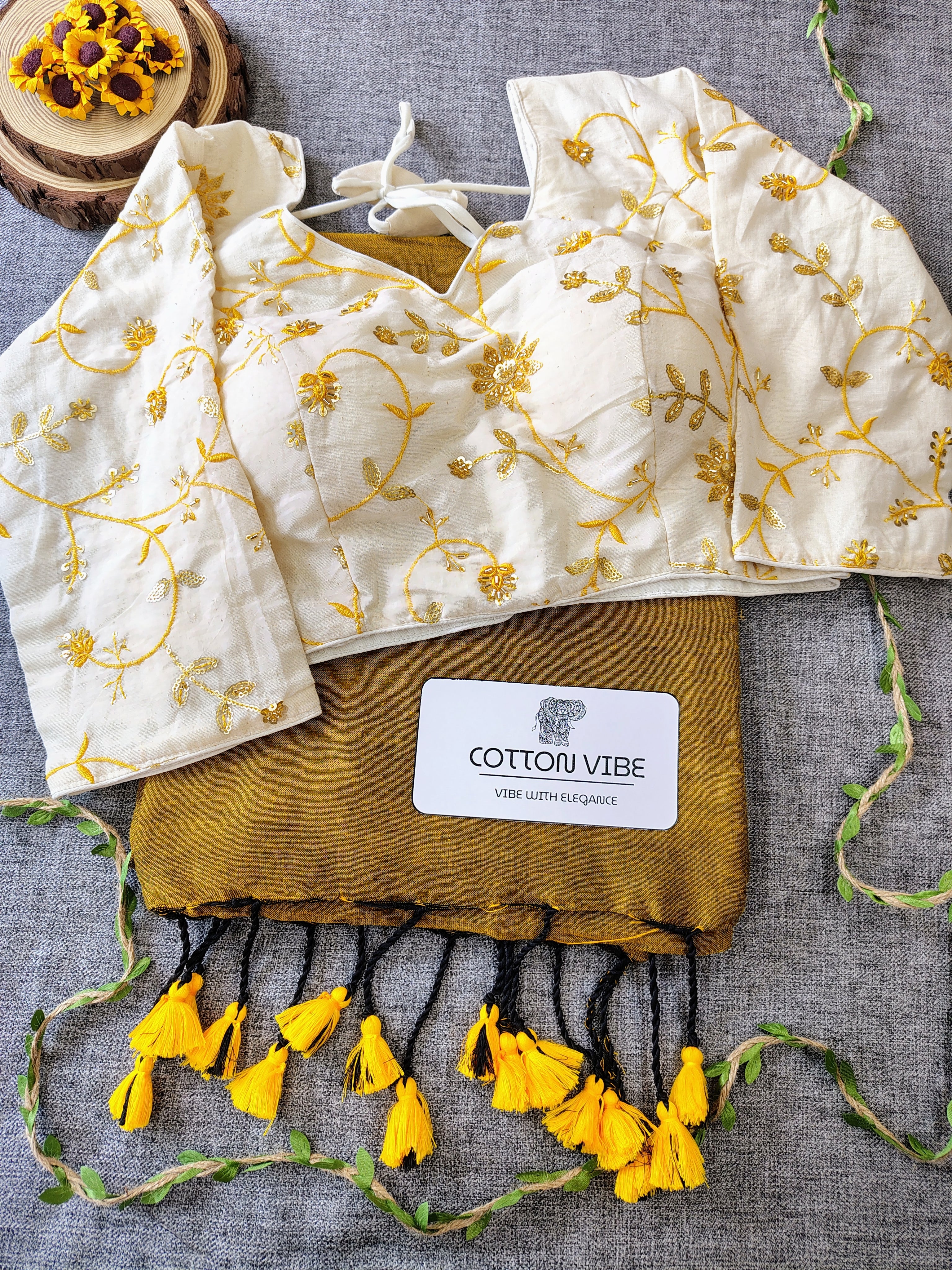 Yellowish Cotton Khadi Saree With Embrodery Work Redy Made Blouse