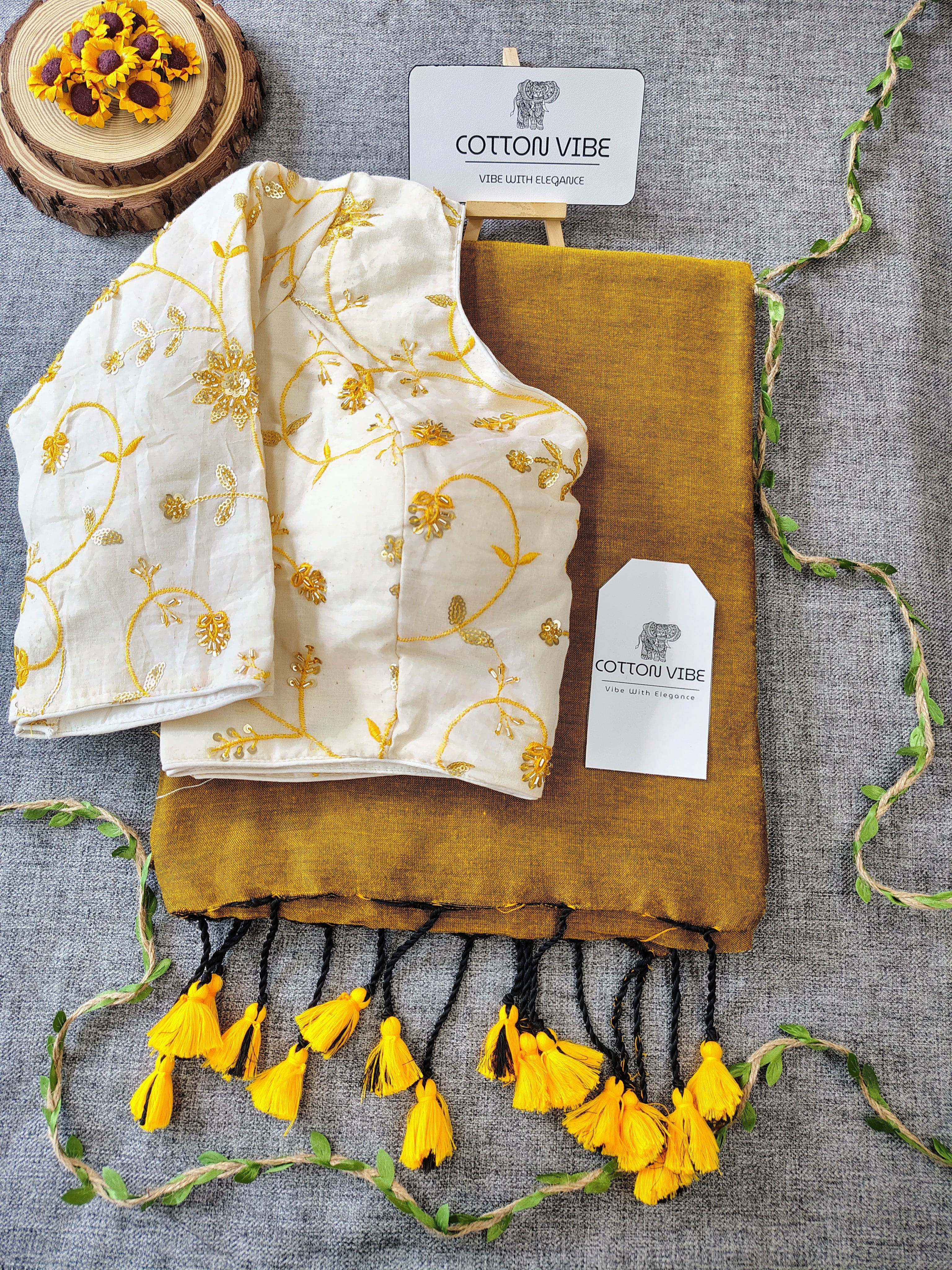 Yellowish Cotton Khadi Saree With Embrodery Work Redy Made Blouse