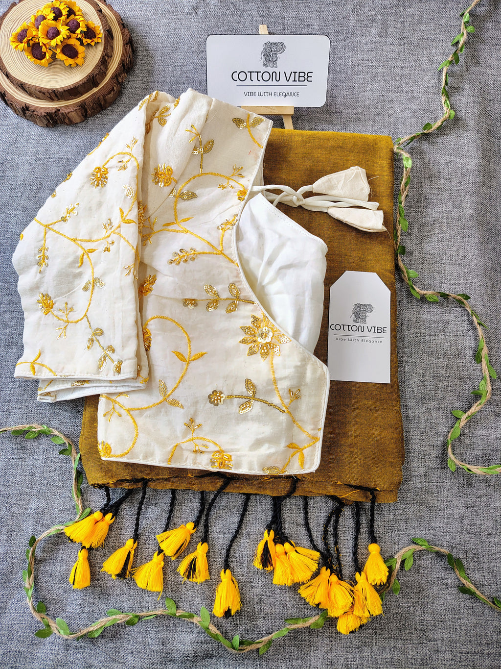 Yellowish Cotton Khadi Saree With Embrodery Work Redy Made Blouse