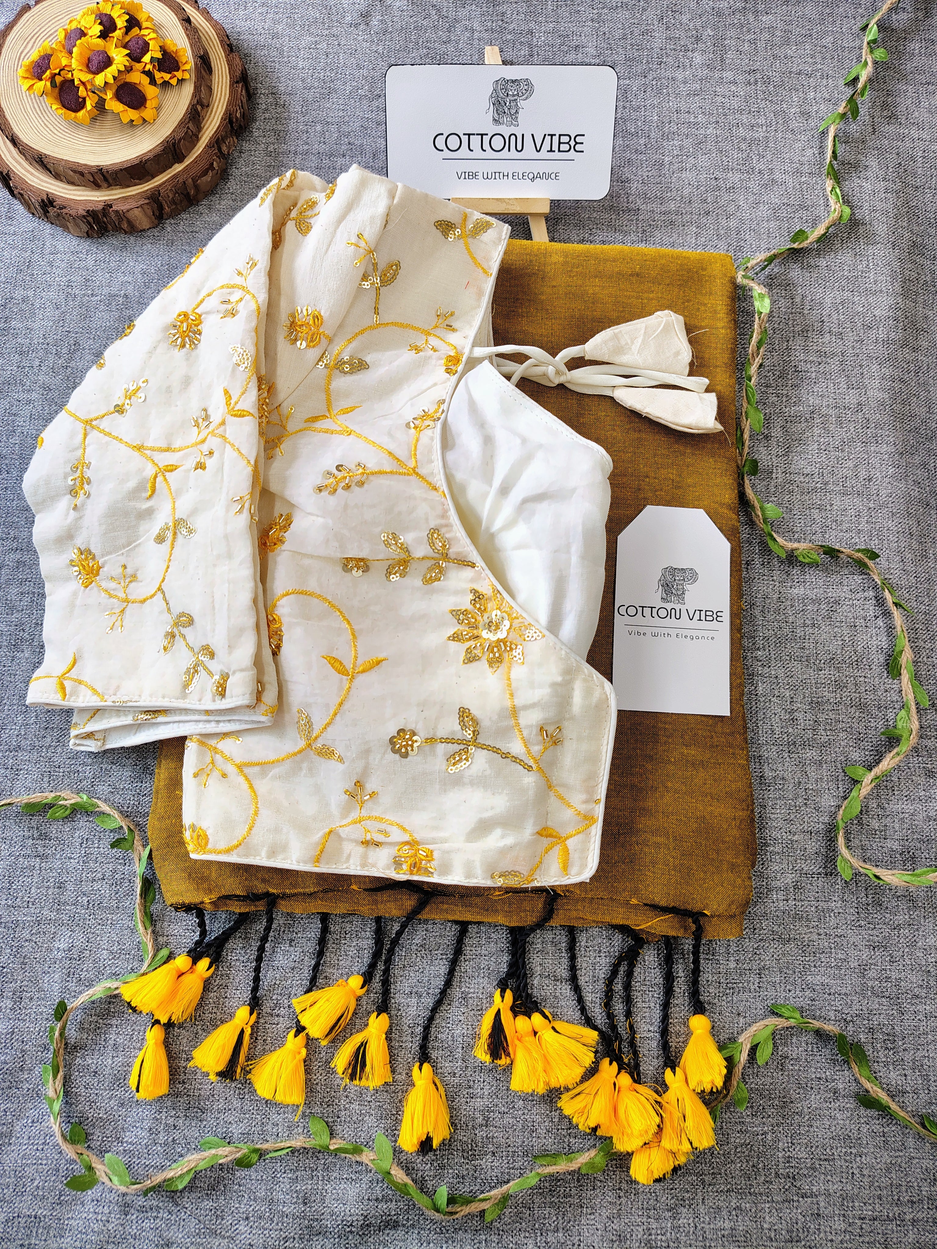 Yellowish Cotton Khadi Saree With Embrodery Work Redy Made Blouse