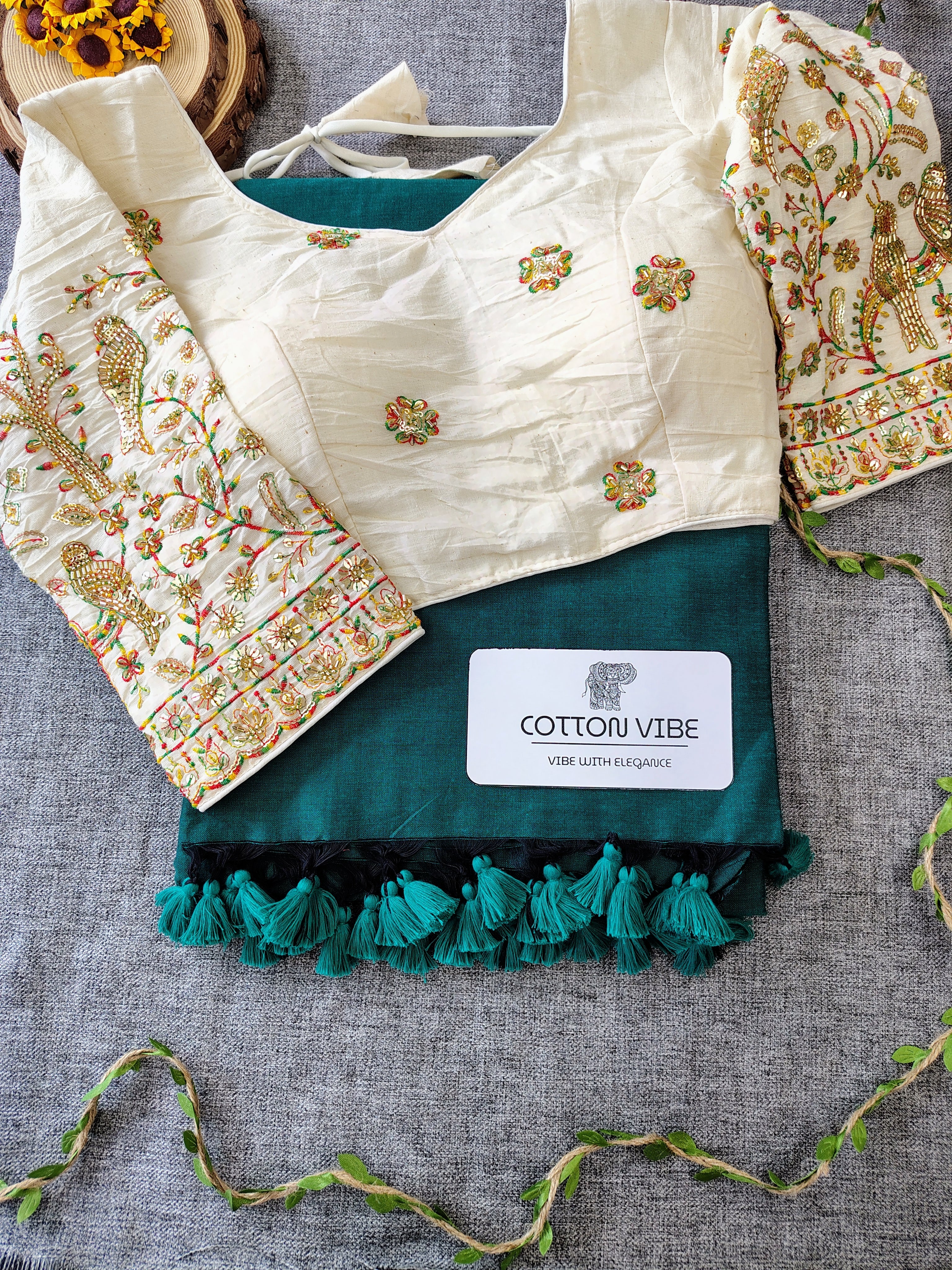 Cyan Cotton Khadi Saree With Embrodery Work Redy Made Blouse