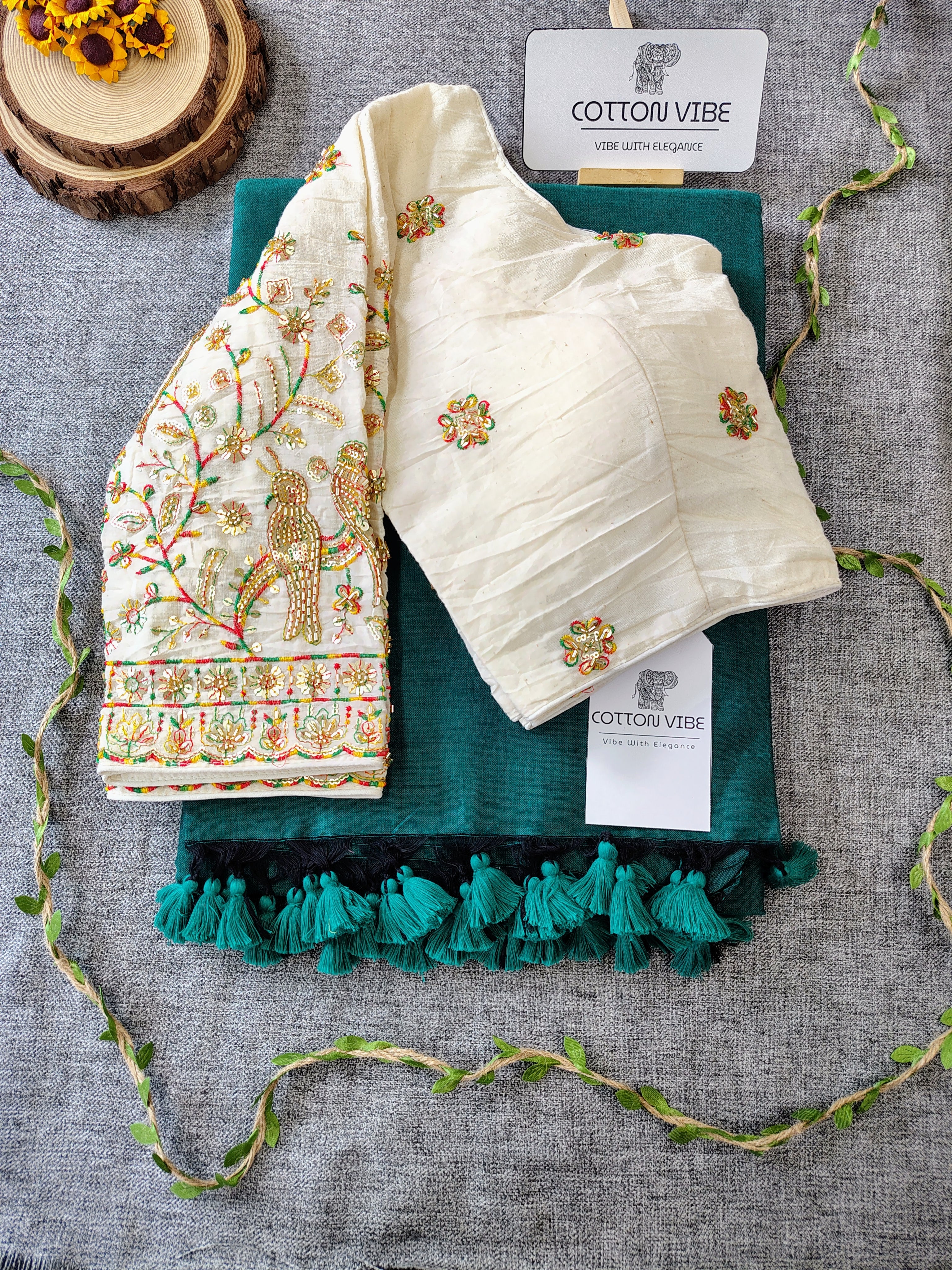 Cyan Cotton Khadi Saree With Embrodery Work Redy Made Blouse