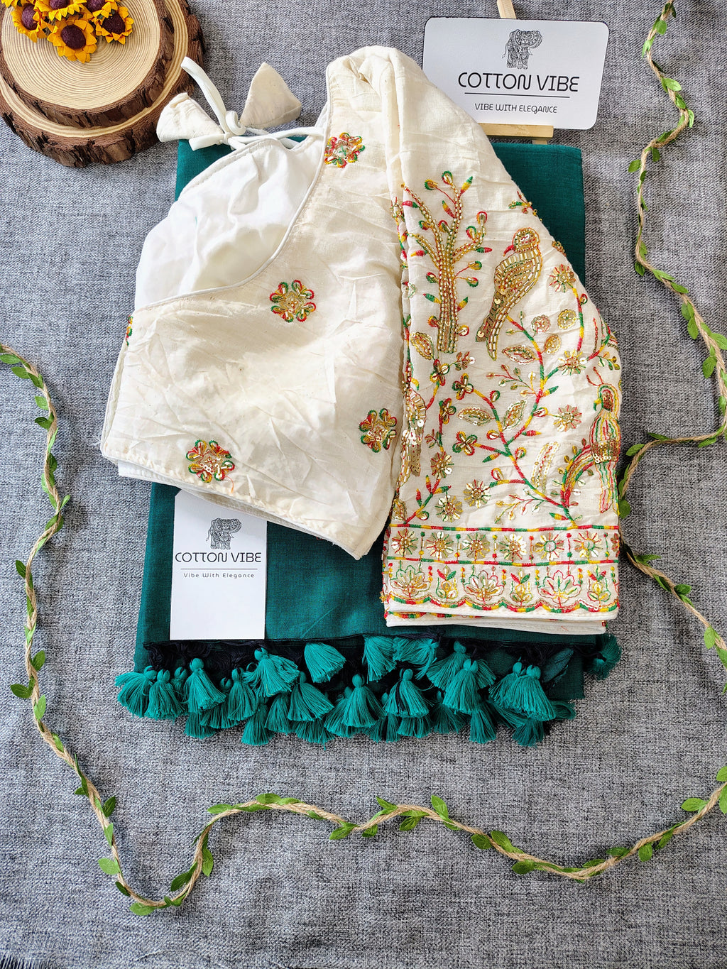 Cyan Cotton Khadi Saree With Embrodery Work Redy Made Blouse