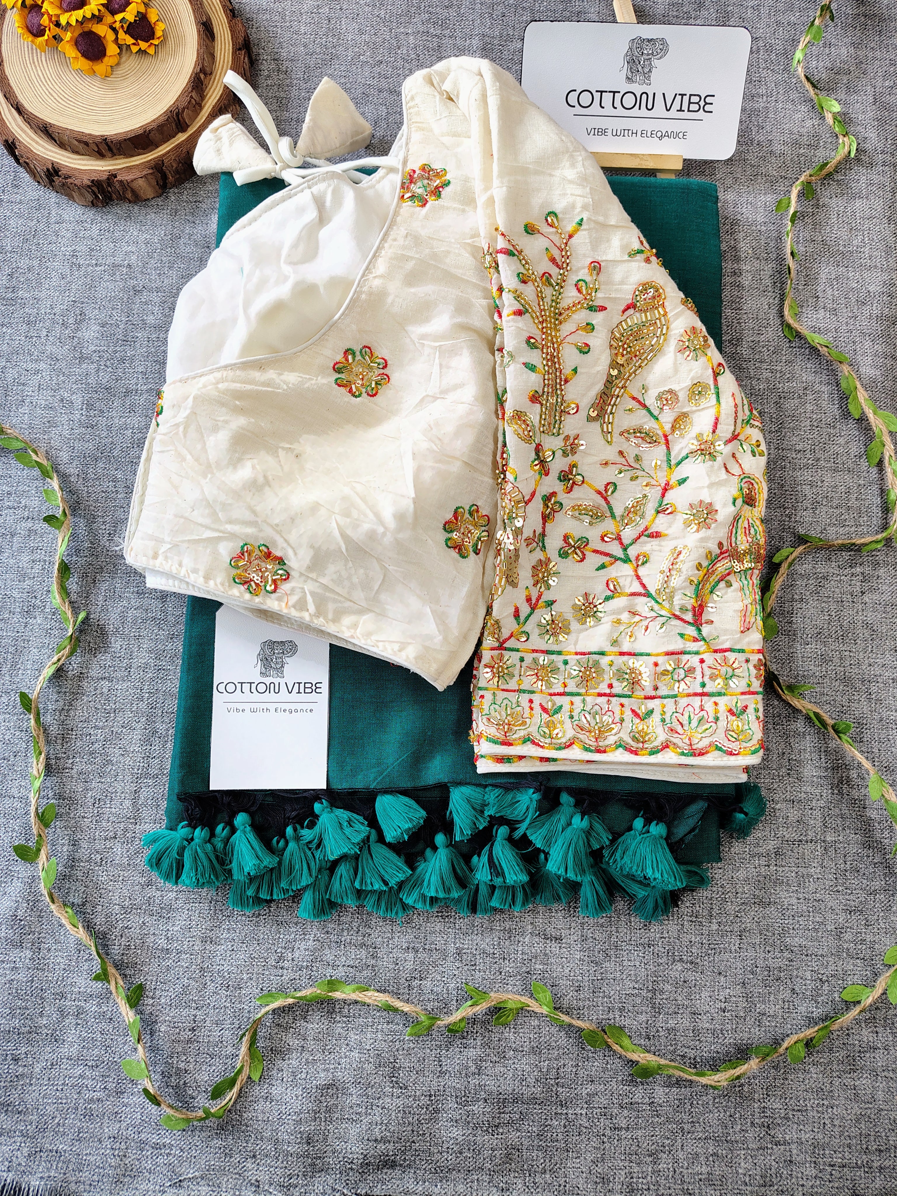 Cyan Cotton Khadi Saree With Embrodery Work Redy Made Blouse