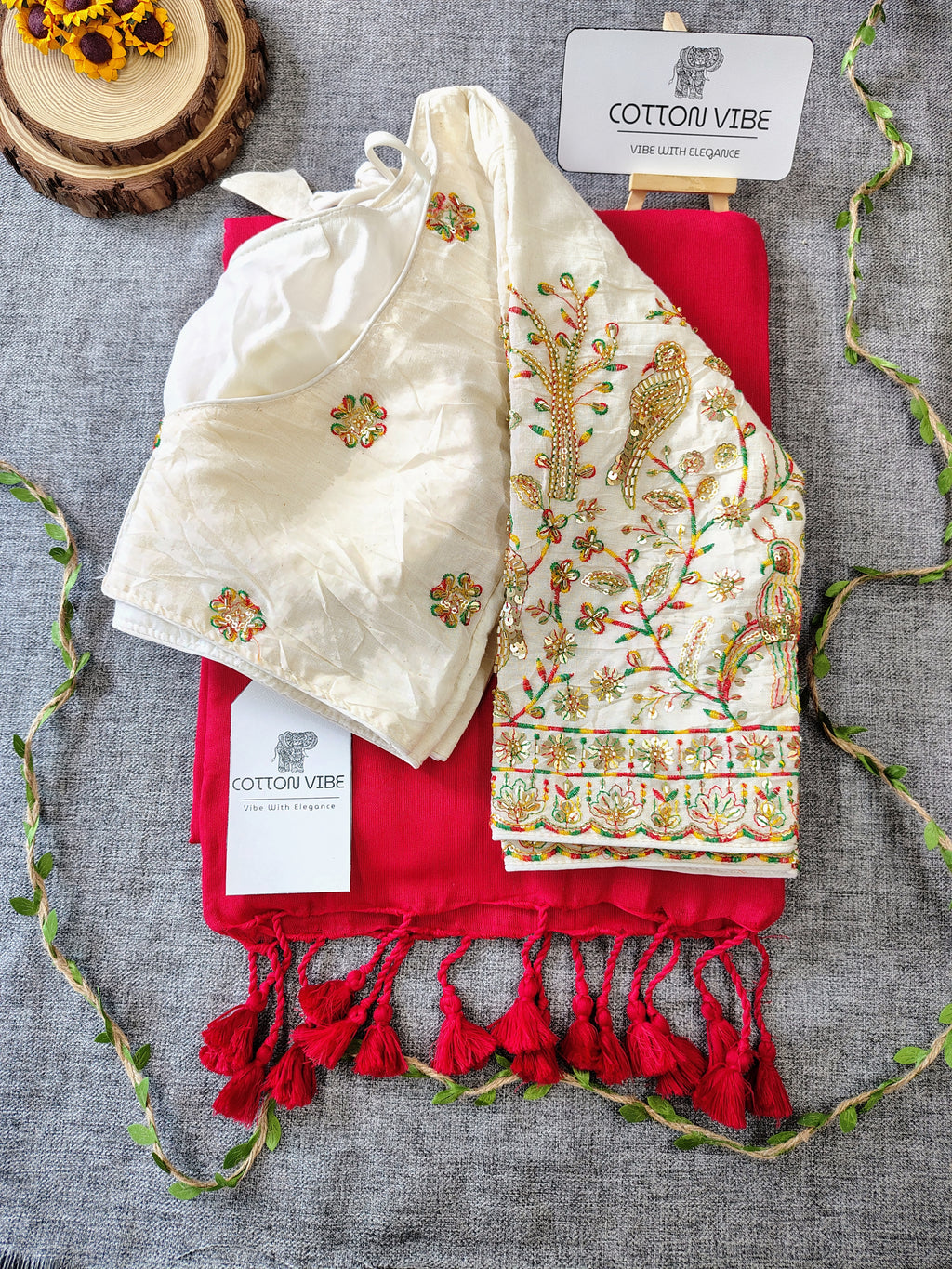 Red Cotton Khadi Saree With Embrodery Work Redy Made Blouse