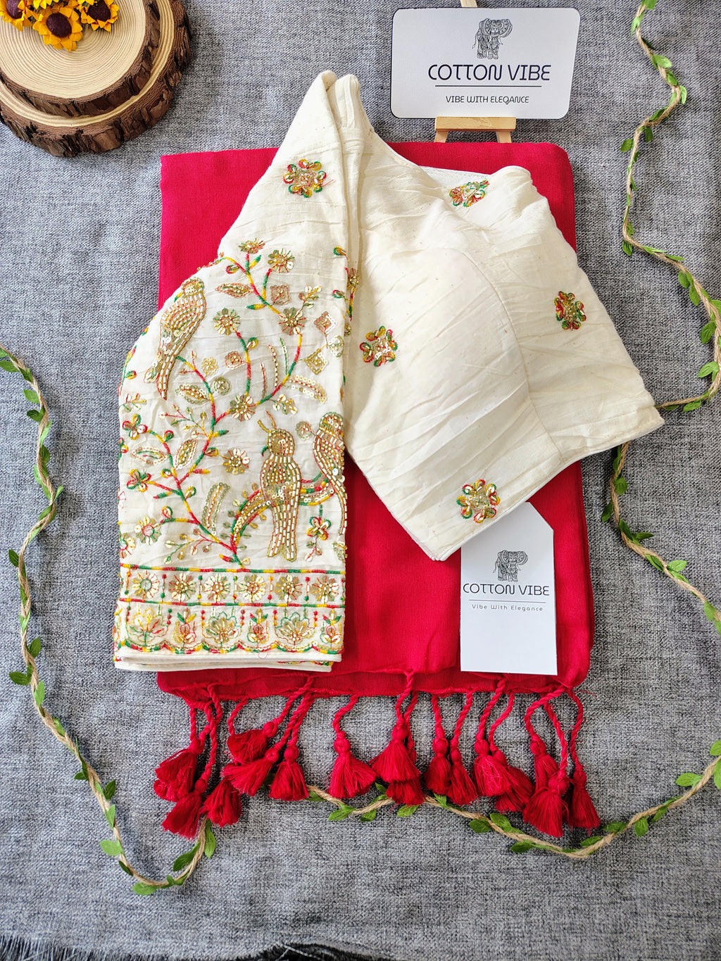 Red Cotton Khadi Saree With Embrodery Work Redy Made Blouse