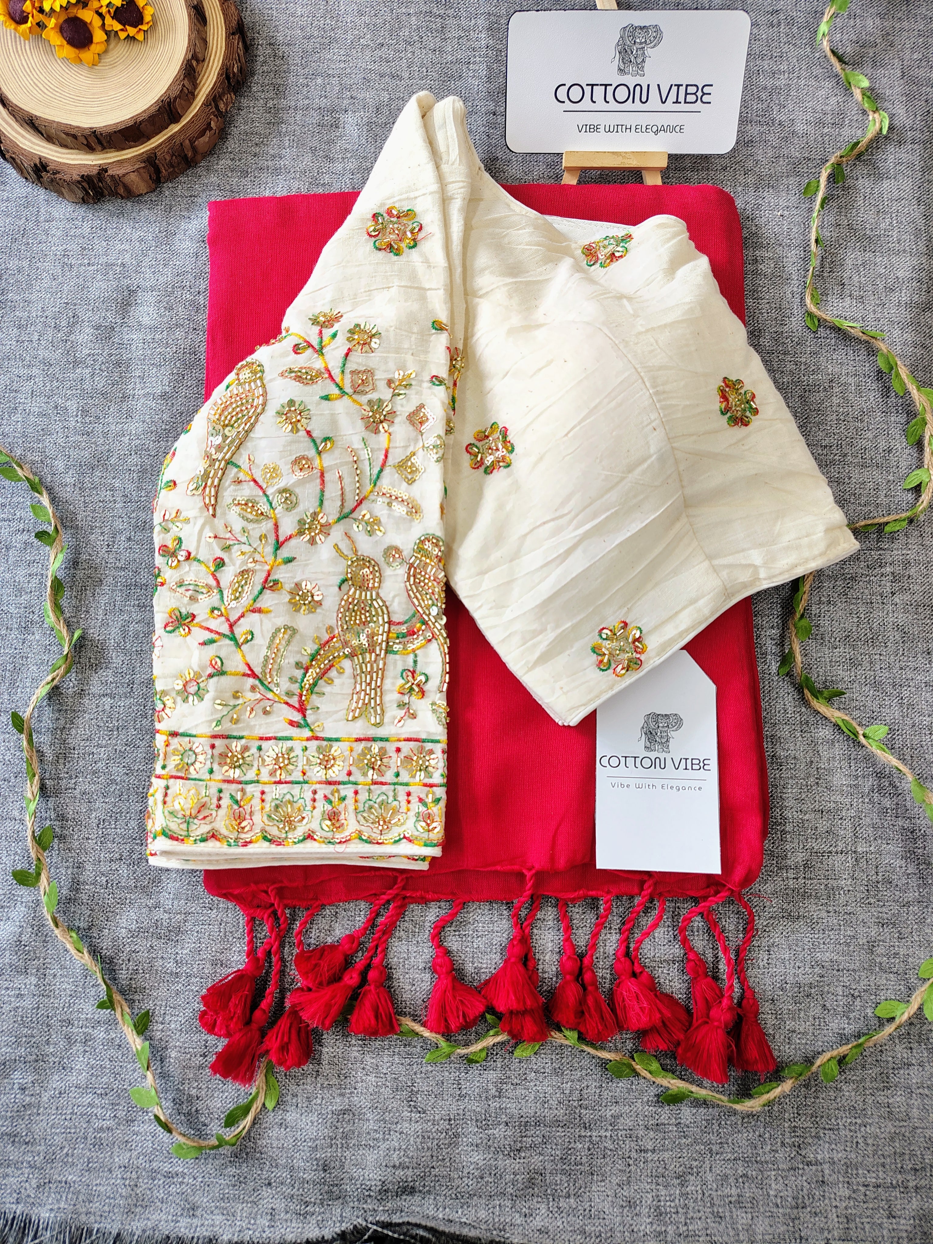 Red Cotton Khadi Saree With Embrodery Work Redy Made Blouse