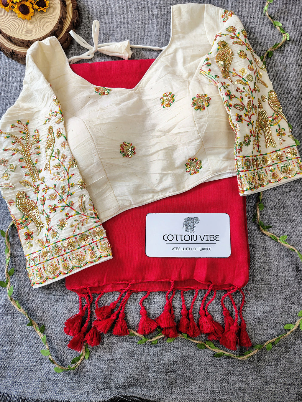 Red Cotton Khadi Saree With Embrodery Work Redy Made Blouse