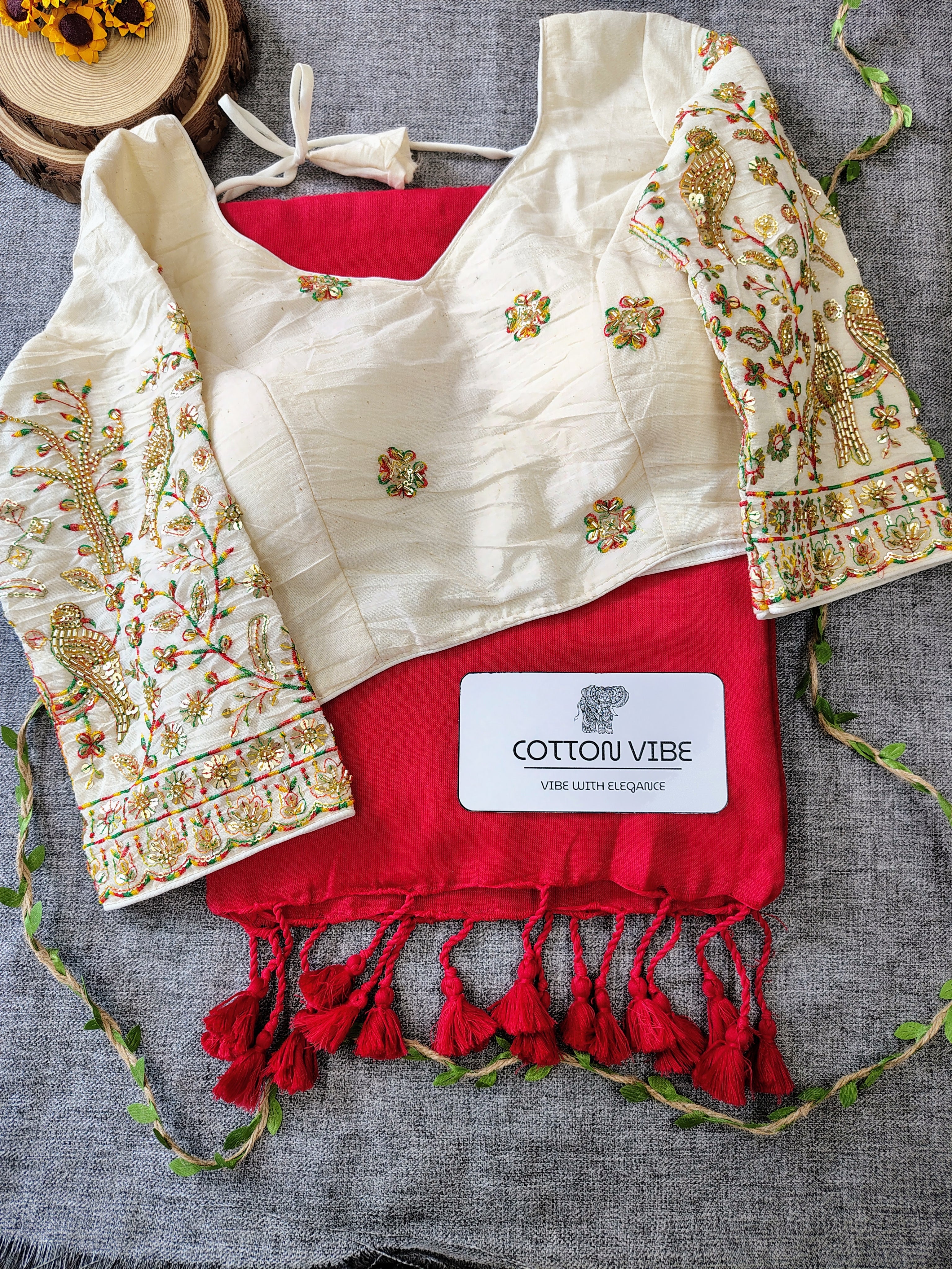 Red Cotton Khadi Saree With Embrodery Work Redy Made Blouse