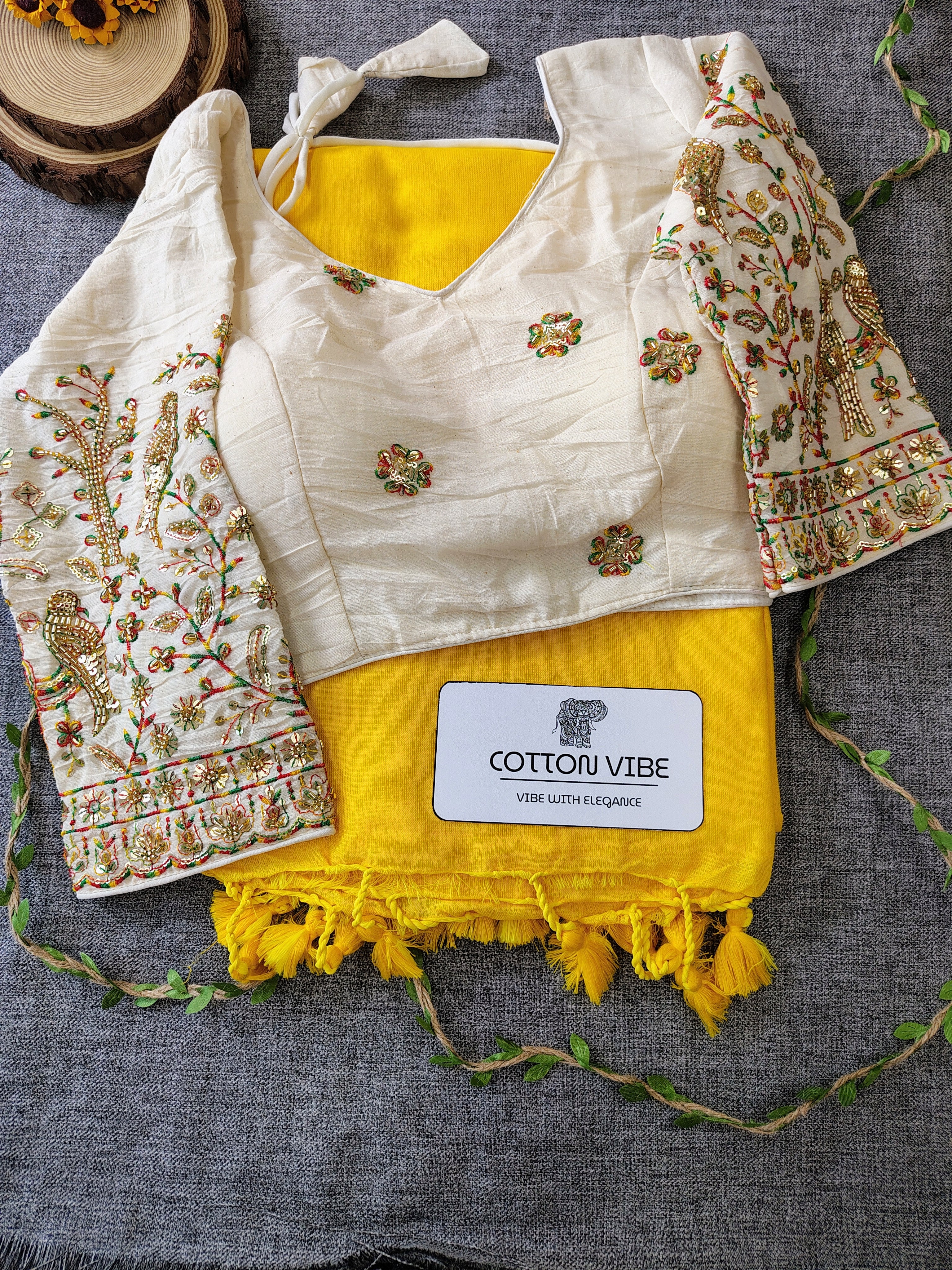 Yellow Cotton Khadi Saree With Embrodery Work Redy Made Blouse