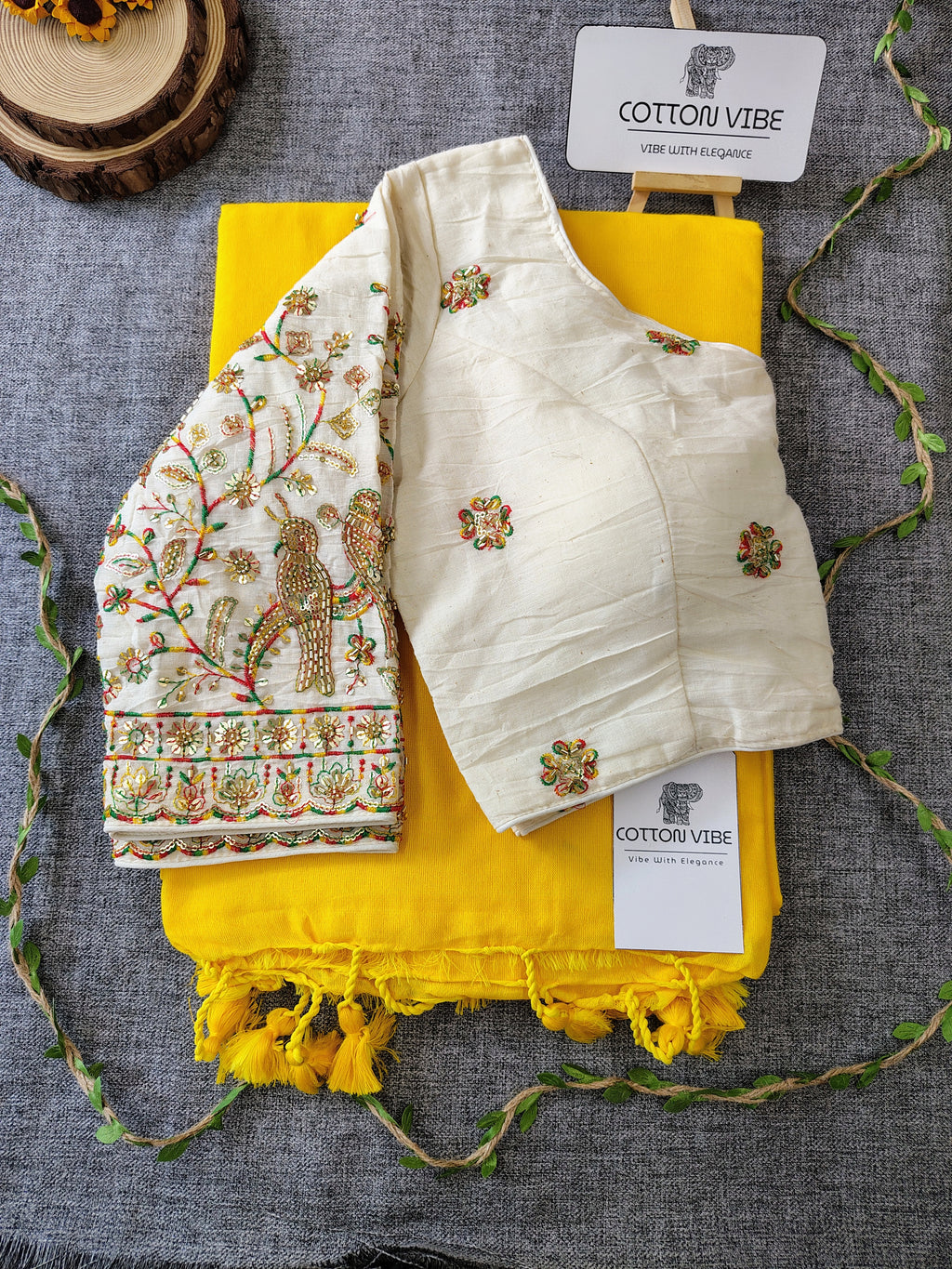 Yellow Cotton Khadi Saree With Embrodery Work Redy Made Blouse
