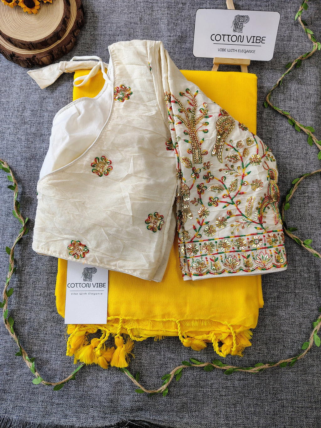 Yellow Cotton Khadi Saree With Embrodery Work Redy Made Blouse