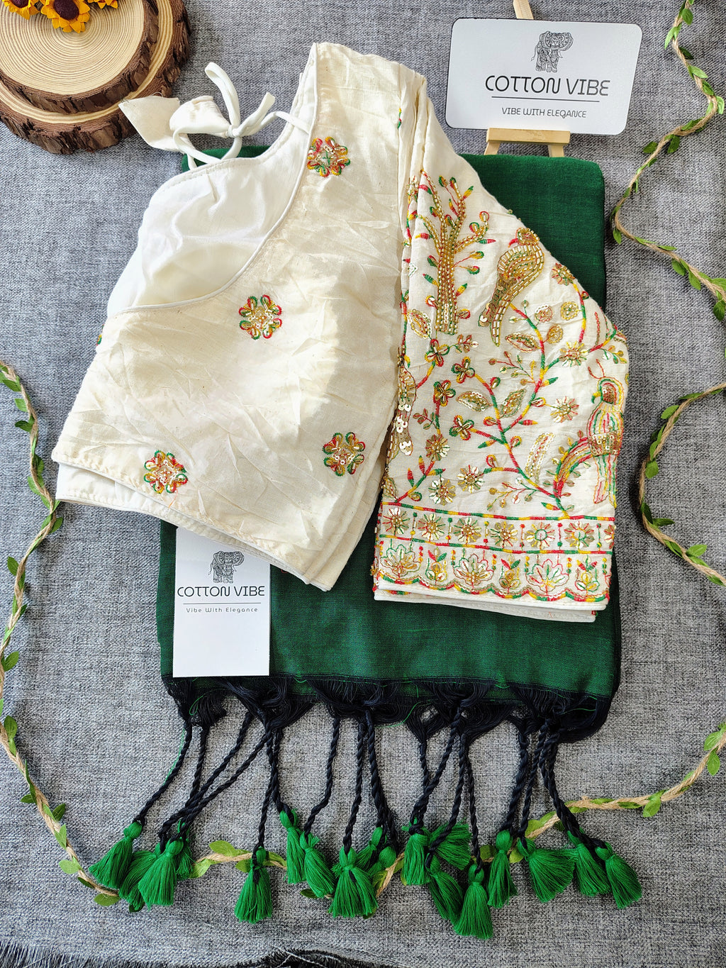 Dark Green Cotton Khadi Saree With Embrodery Work Redy Made Blouse