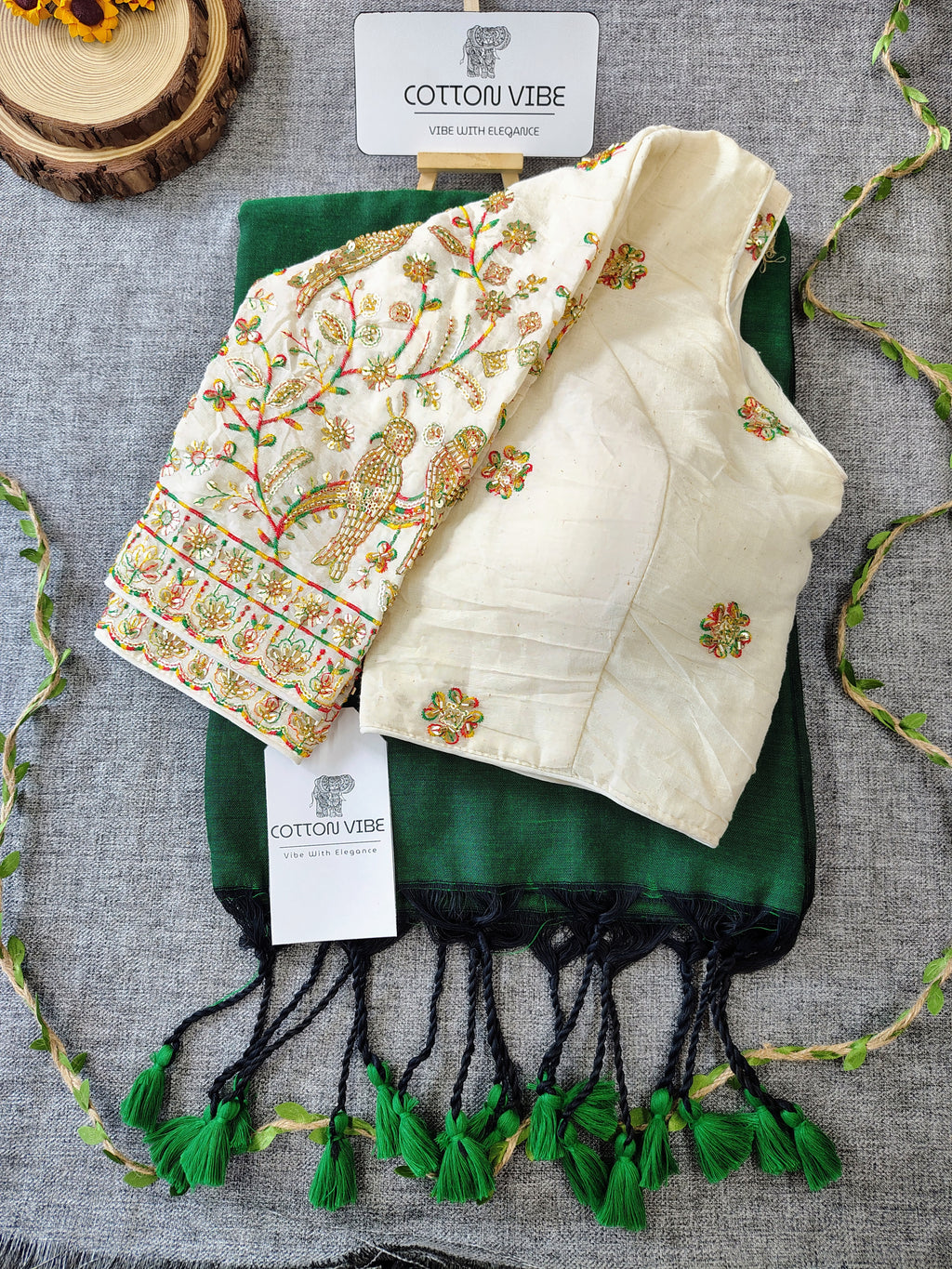 Dark Green Cotton Khadi Saree With Embrodery Work Redy Made Blouse