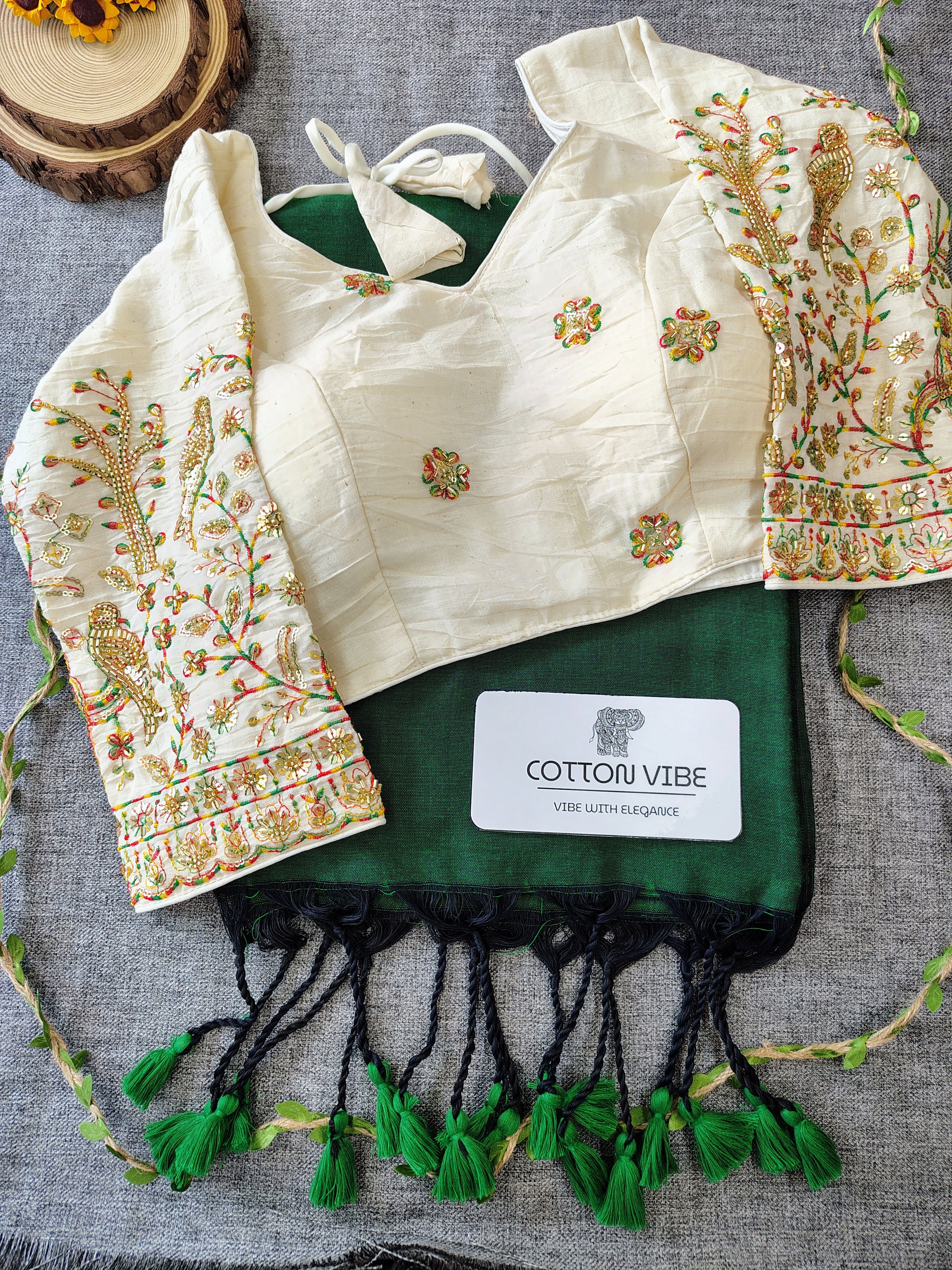 Dark Green Cotton Khadi Saree With Embrodery Work Redy Made Blouse