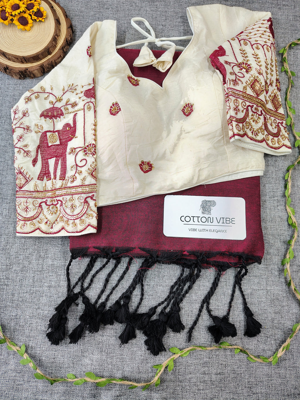 Maroon Cotton Khadi Saree With Embrodery Work Redy Made Blouse